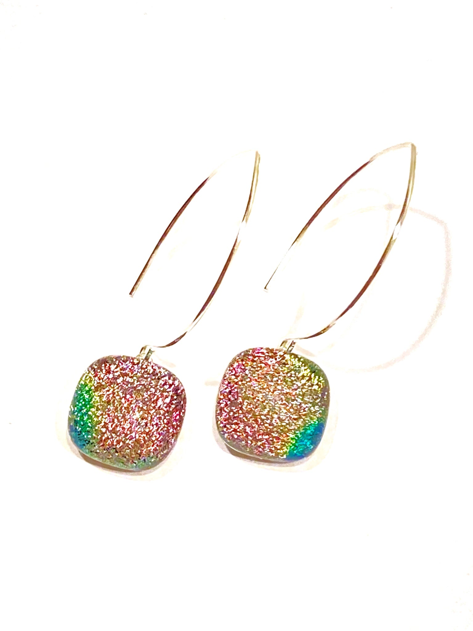 Pink Green Dichroic Glass Drop Earrings | Pierced Dangle Earrings | Handmade