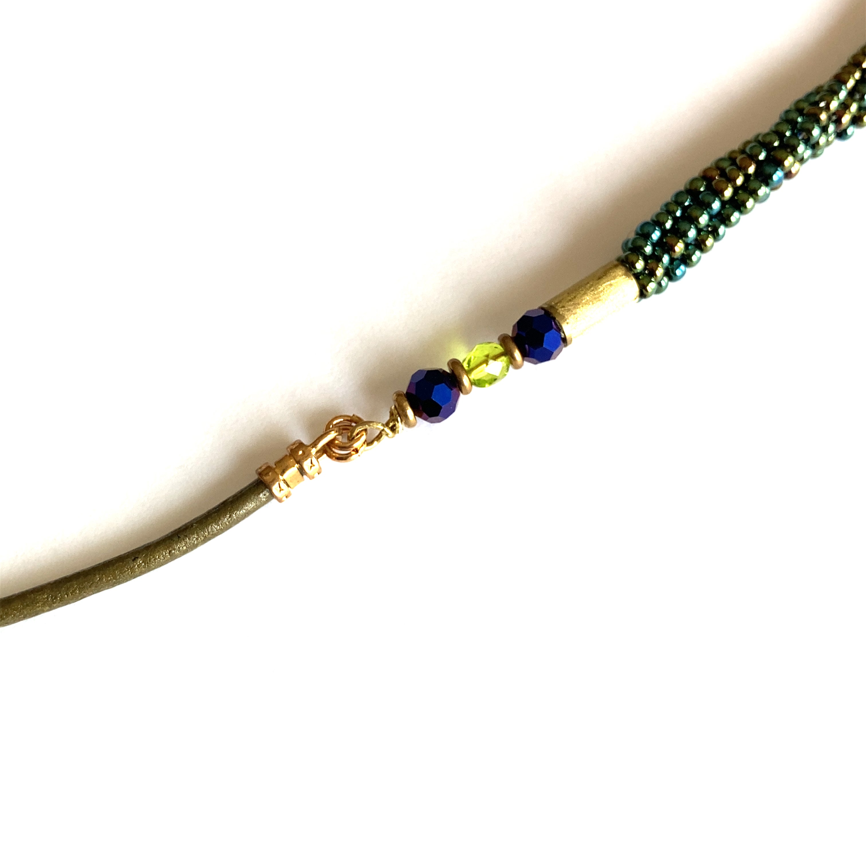 Section of leather and beaded necklace, by 3D Glass Designs.