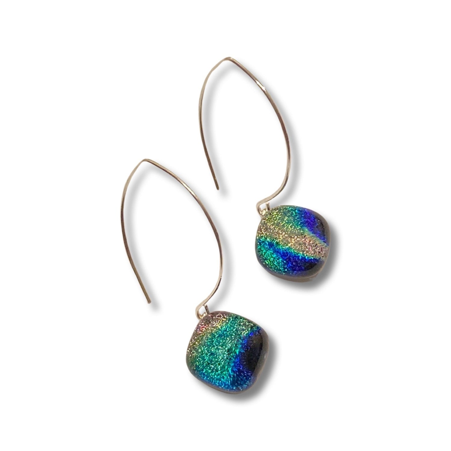A pair of pierced earrings with a dichroic glass drop, by 3D Glass Designs