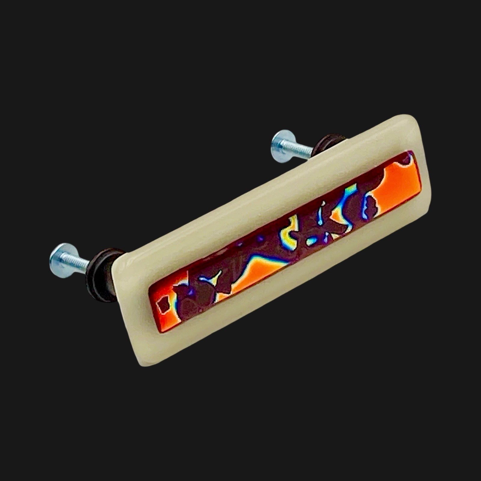 4" long Cream and red dichroic glass cabinet door handle, by 3D Glass Designs.