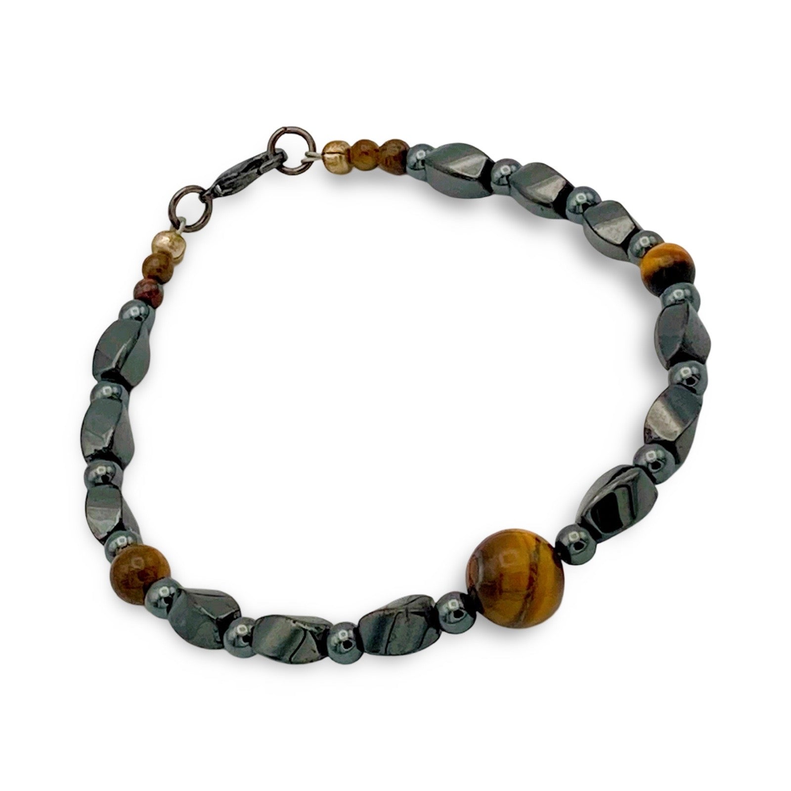 Unisex Hematite and tiger's eye beaded bracelet, by 3D Glass Designs.