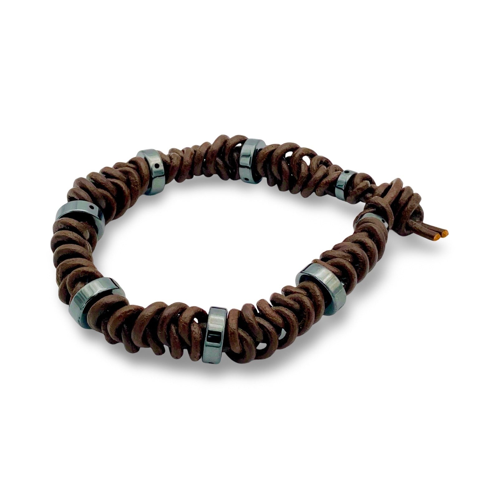 Brown Leather hand-knotted bracelet with hematite beads, by 3D Glass Designs.
