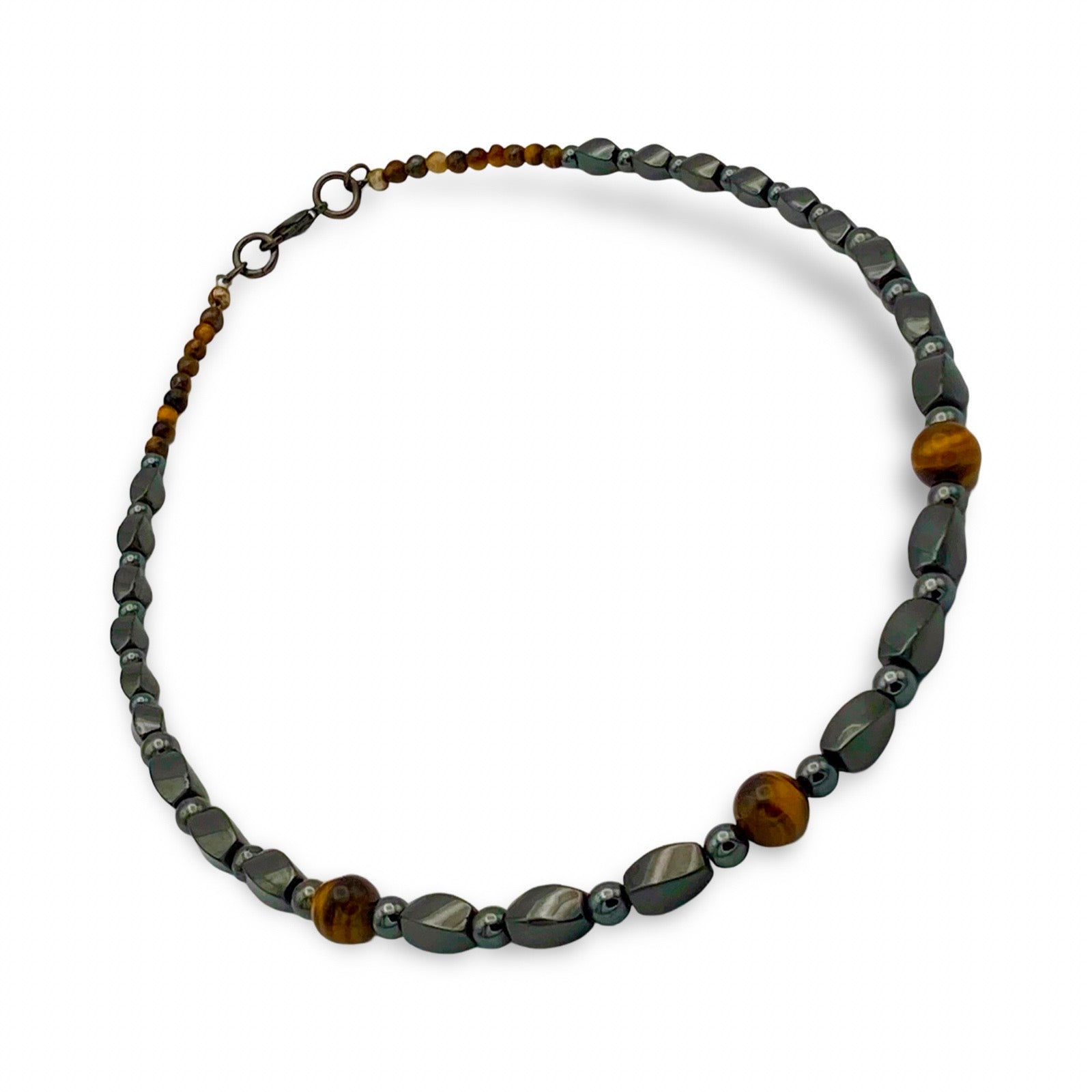 Unisex Hematite and Tiger's Eye gemstone necklace, by 3D Glass Designs.