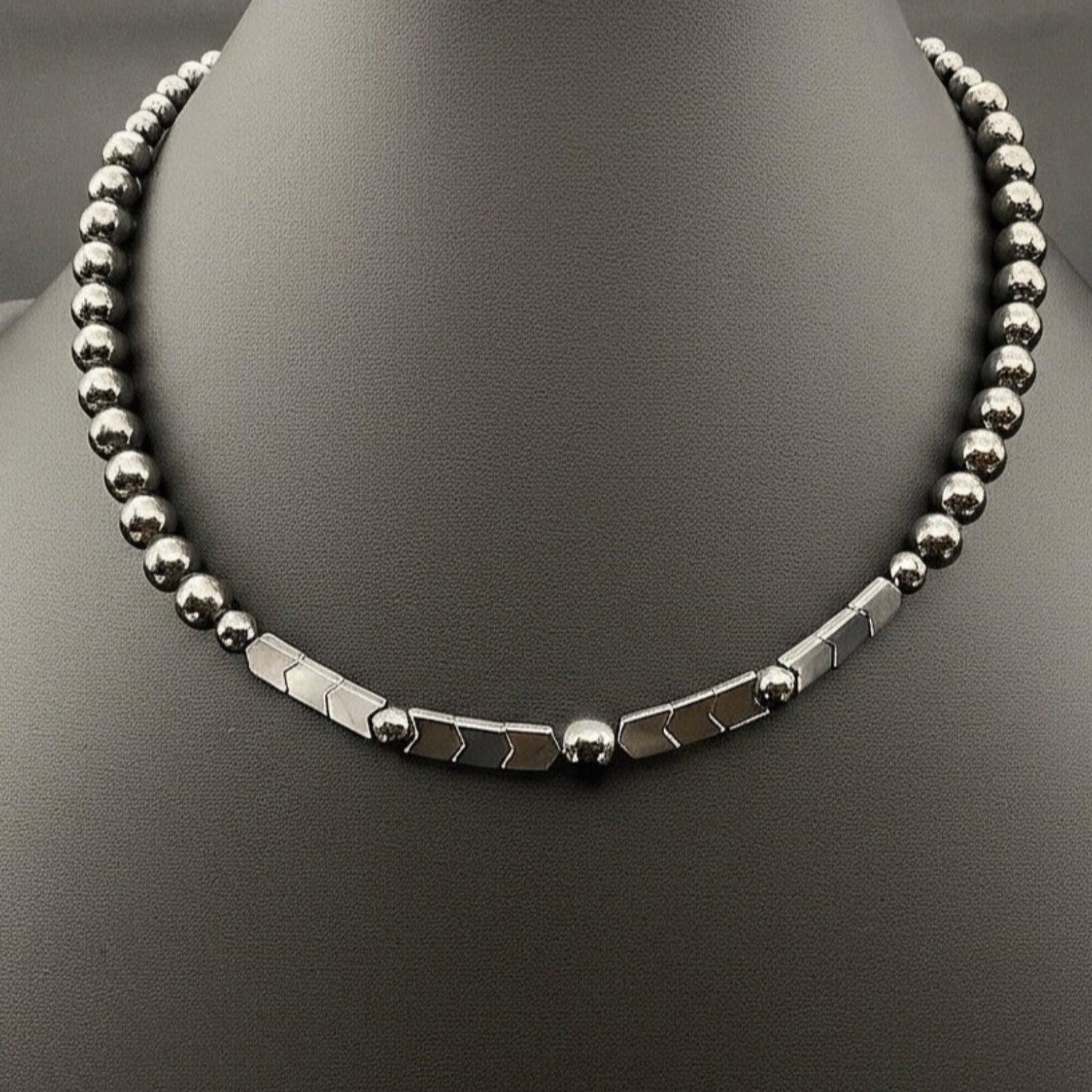 Men's beaded hematite necklace with round and arrow shaped beads, by 3D Glass Designs.