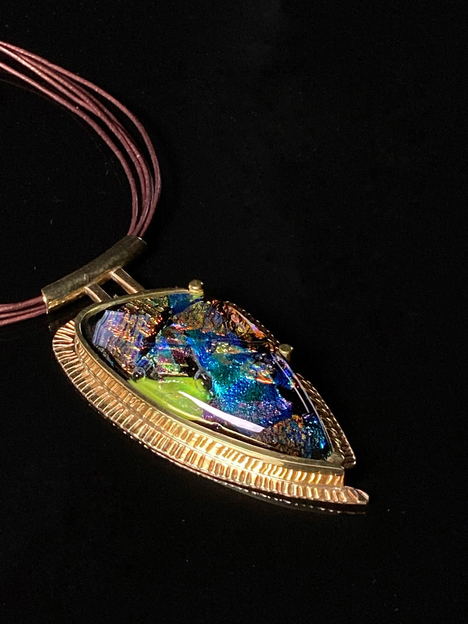 Handmade modern fused glass and brass pendant, by 3D Glass Designs.