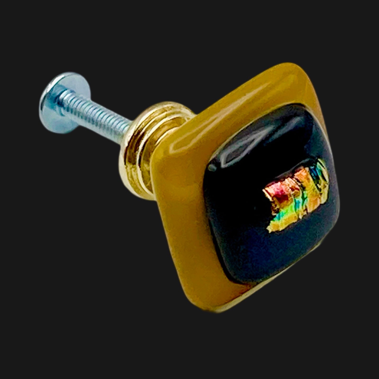 Fused glass cabinet knob in gold, blue and multi-colored dichroic glass, by 3D Glass Designs.