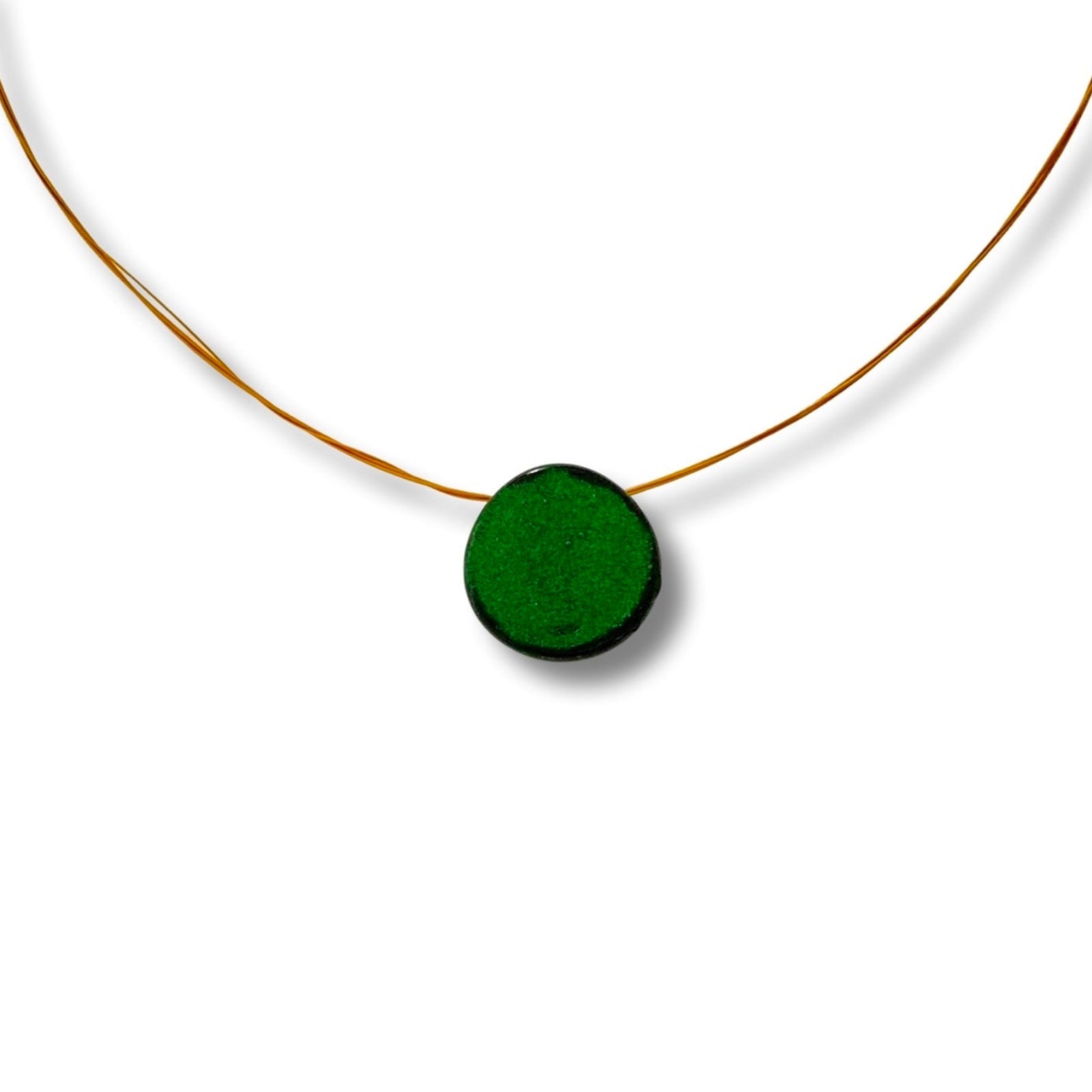Round green fused glass pendant necklace on a white background, by 3D Glass Designs.