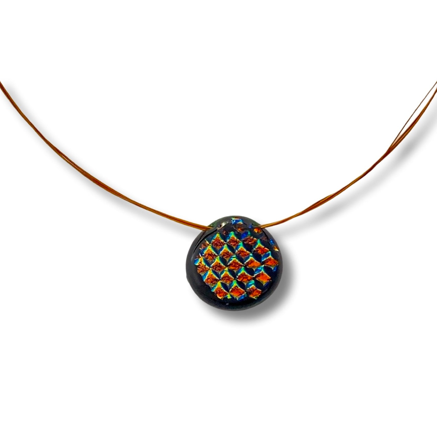 Colorful round pendant necklace on a white background, by 3D Glass designs.
