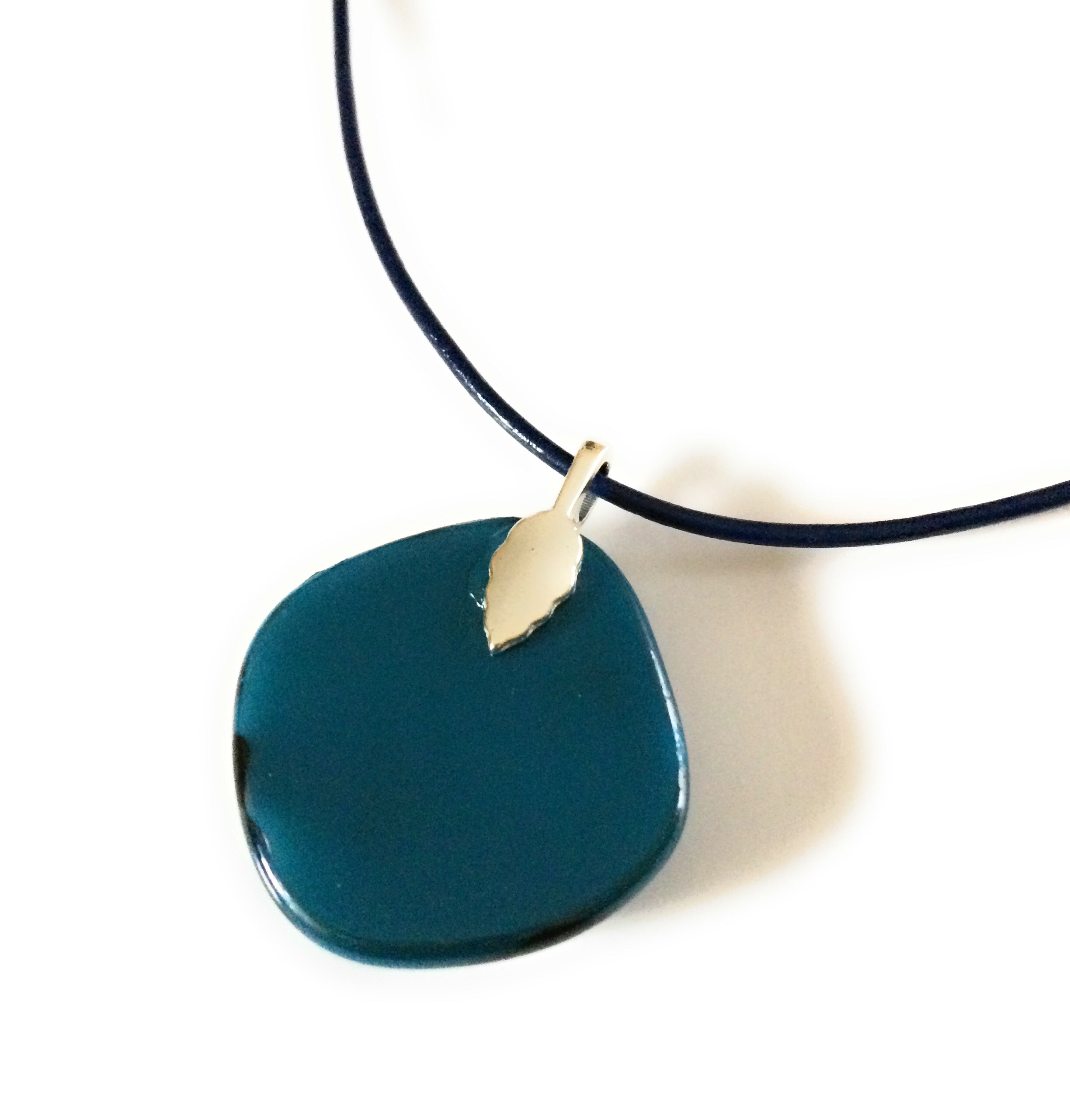 Back of teal fused glass pendant, by 3D Glass Designs.