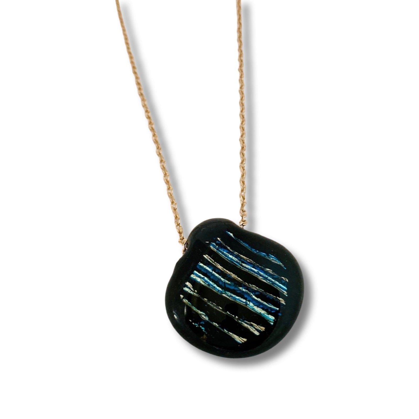 Fused glass pendant necklace against a white background, by 3D Glass Designs.