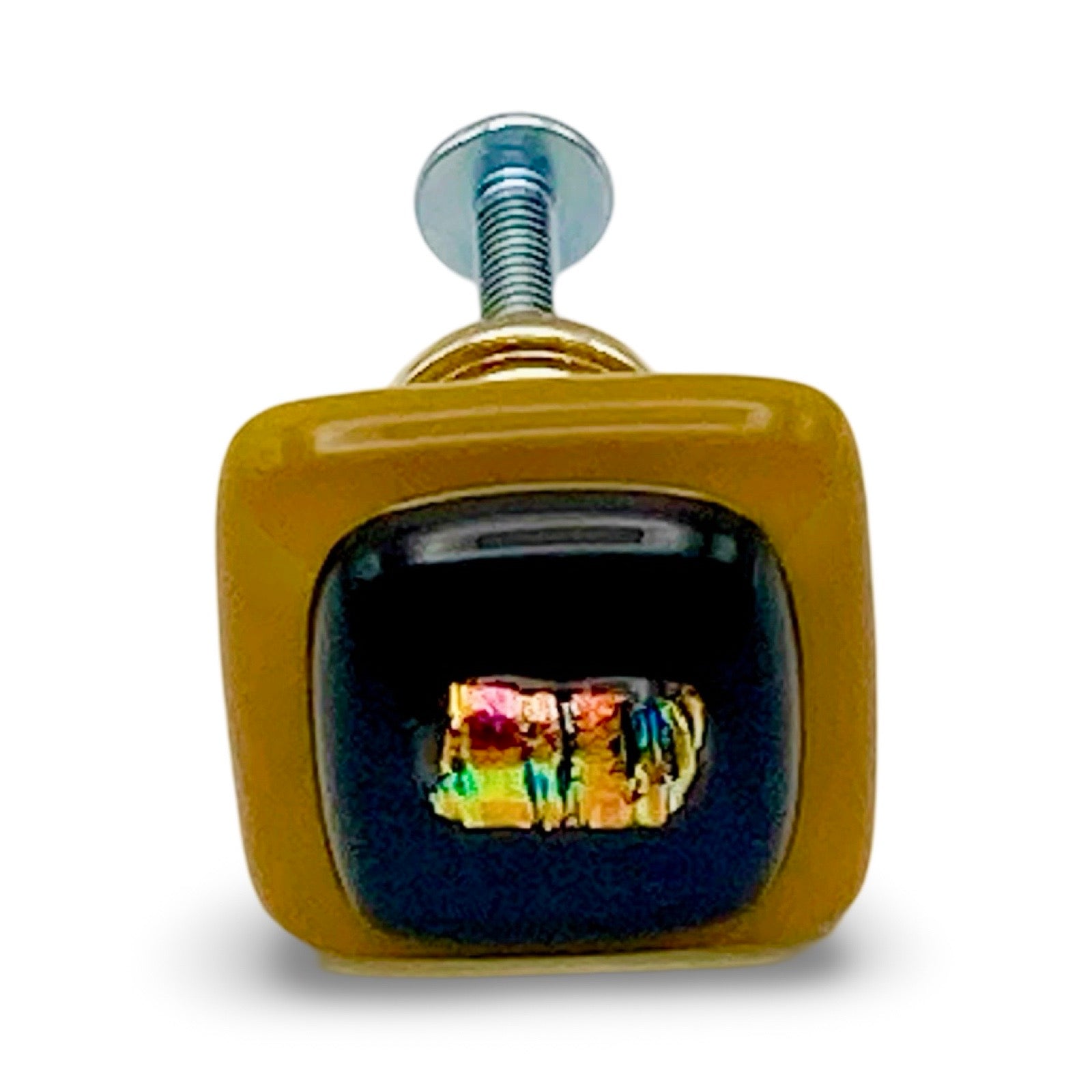 Fused glass cabinet knob in gold, blue and multi-colored dichroic glass, by 3D Glass Designs.
