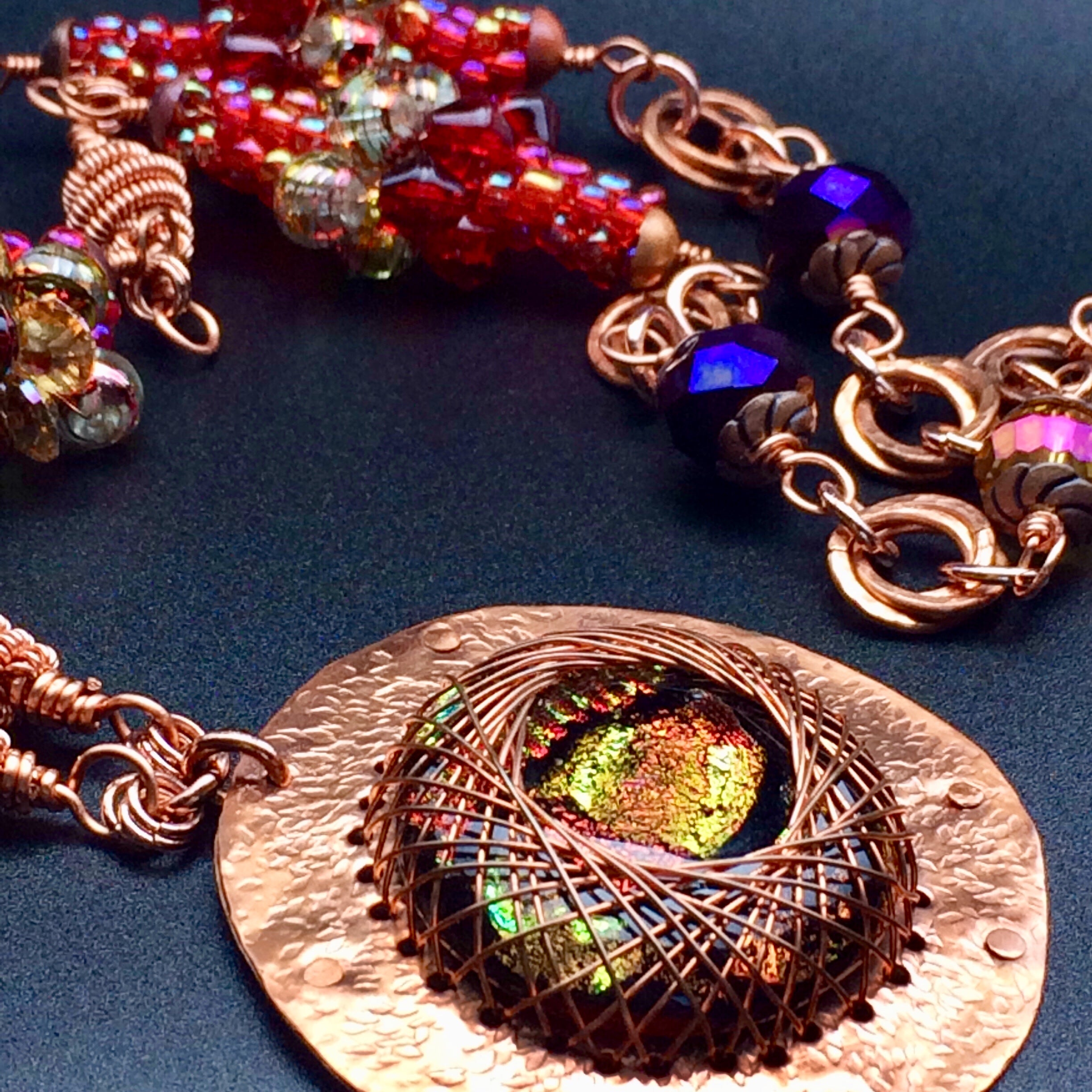 Long copper and dichroic glass pendant necklace with handmade bead clusters, by 3D Glass Designs.