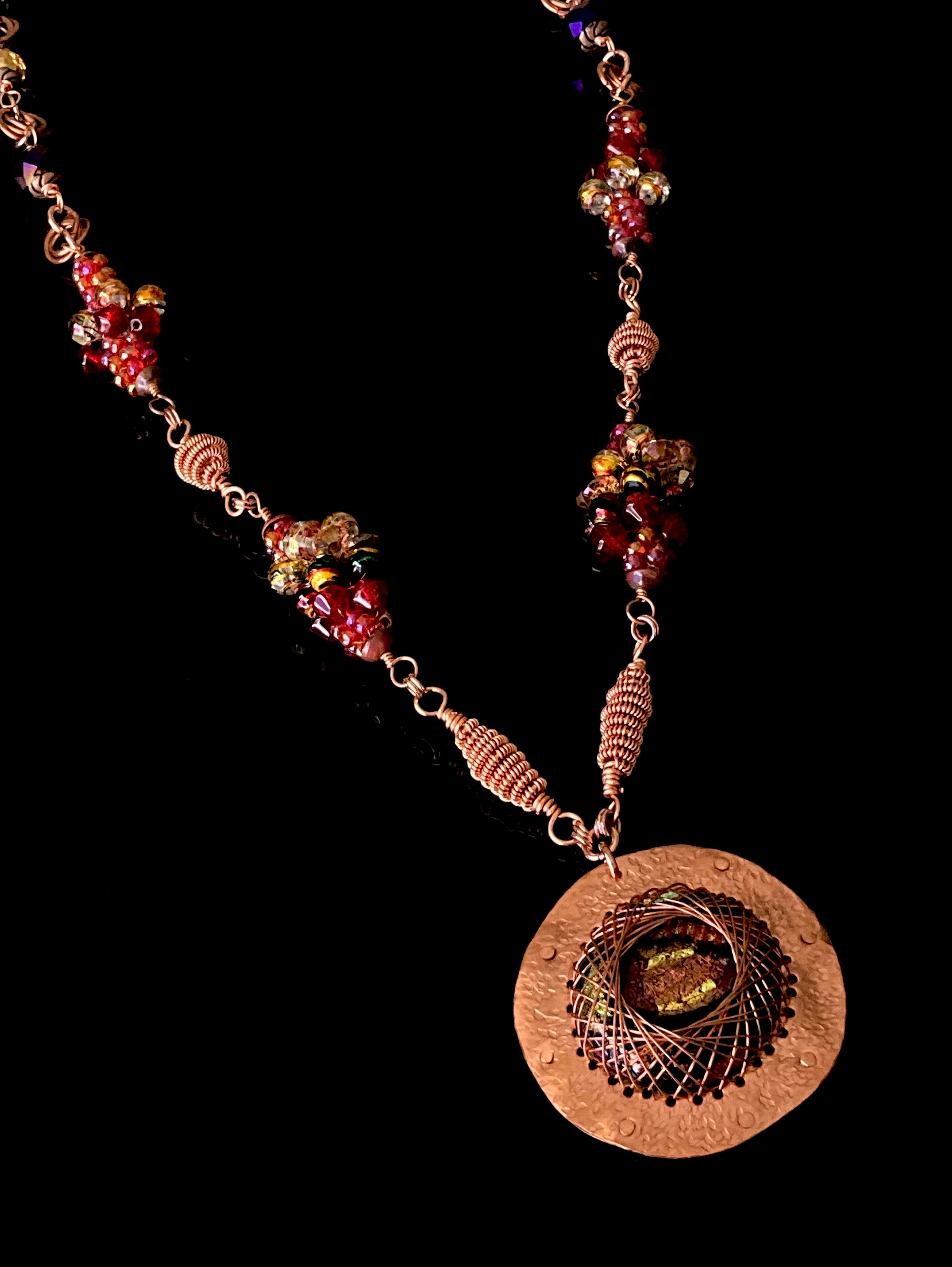 Long copper and dichroic glass pendant necklace with handmade bead clusters, by 3D Glass Designs.
