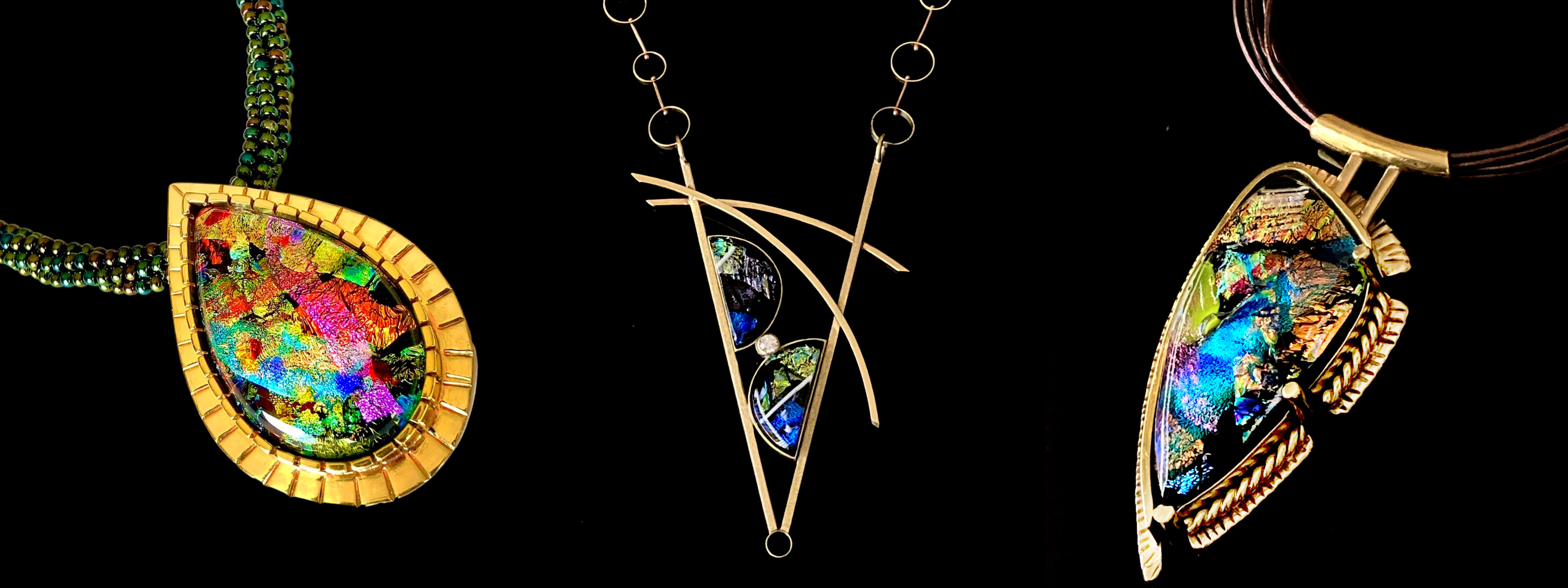 Three statement necklaces in fused glass and brass by 3D Glass Designs.