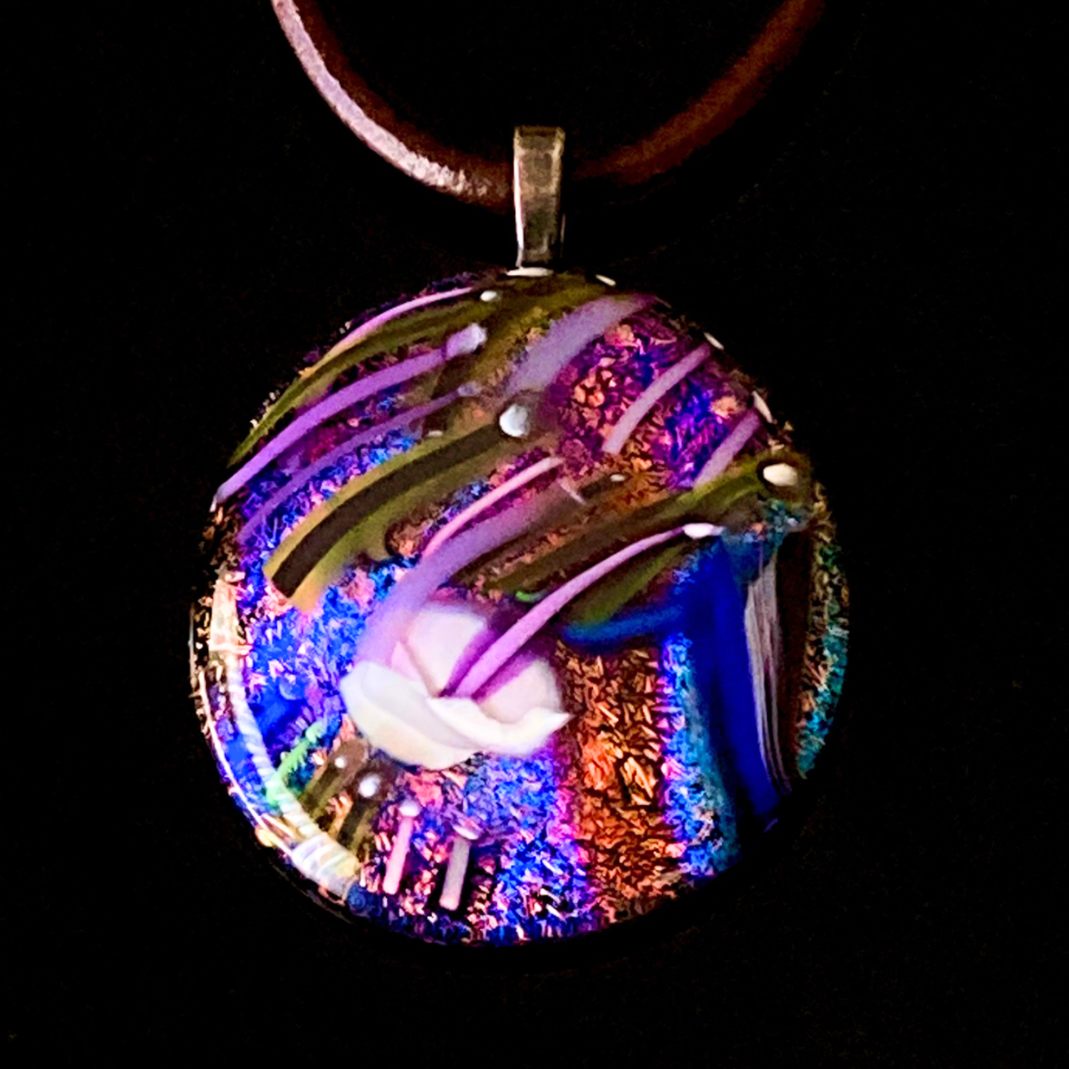 Large dichroic glass pendant in vibrant color of blue, orange and purple with a unique handblown glass design. By 3D Glass Designs.