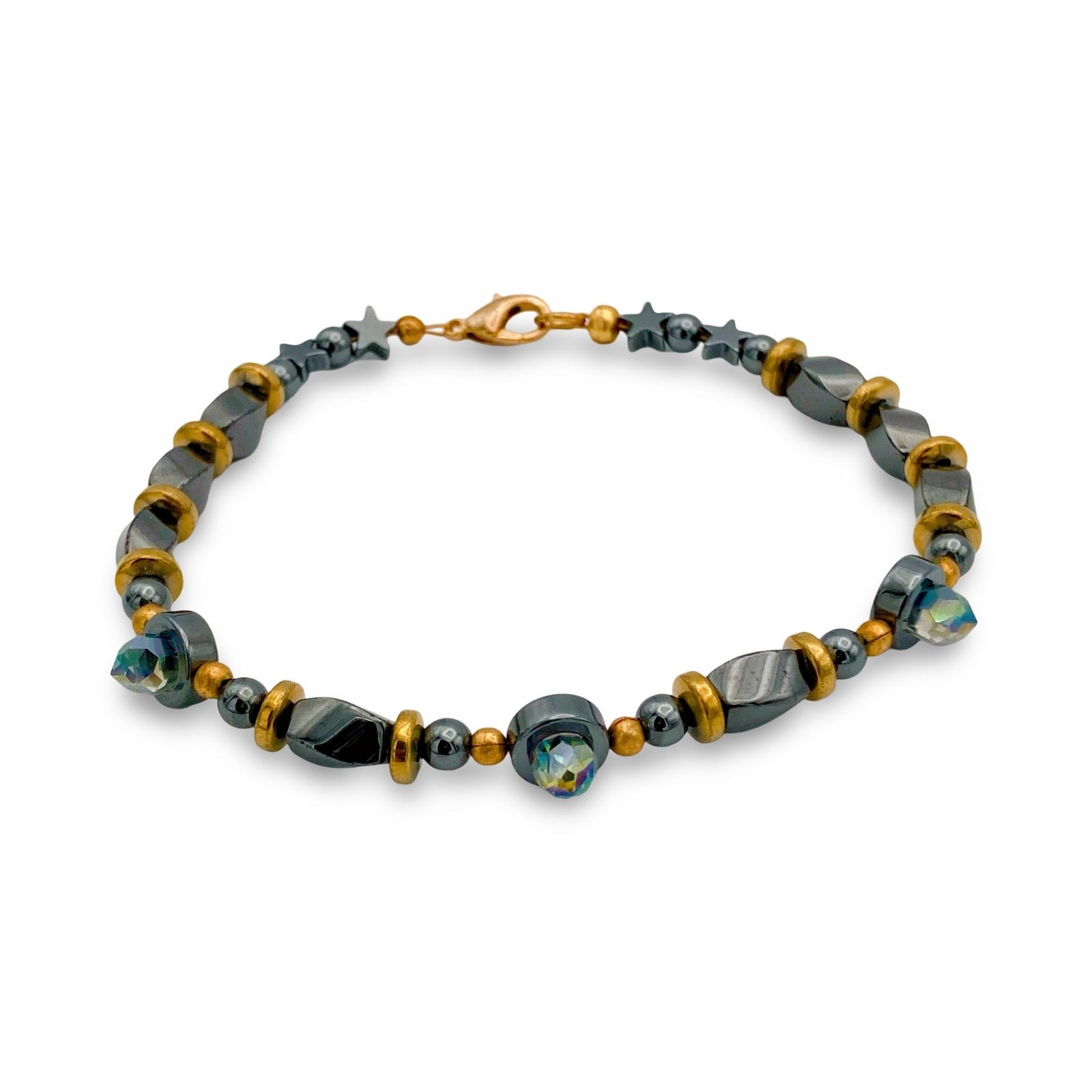 Hematite and crystal beaded bracelet, by 3D Glass Designs.