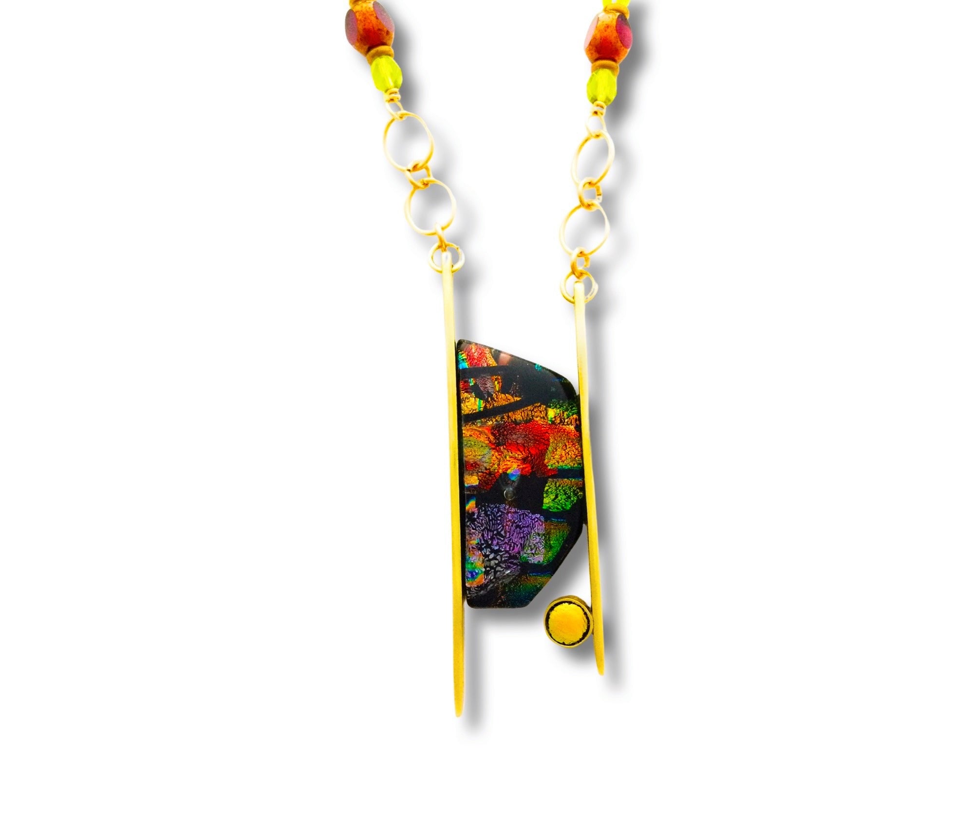 Brass pendant with colorful dichroic glass and beaded brass chain, by 3D Glass Designs.