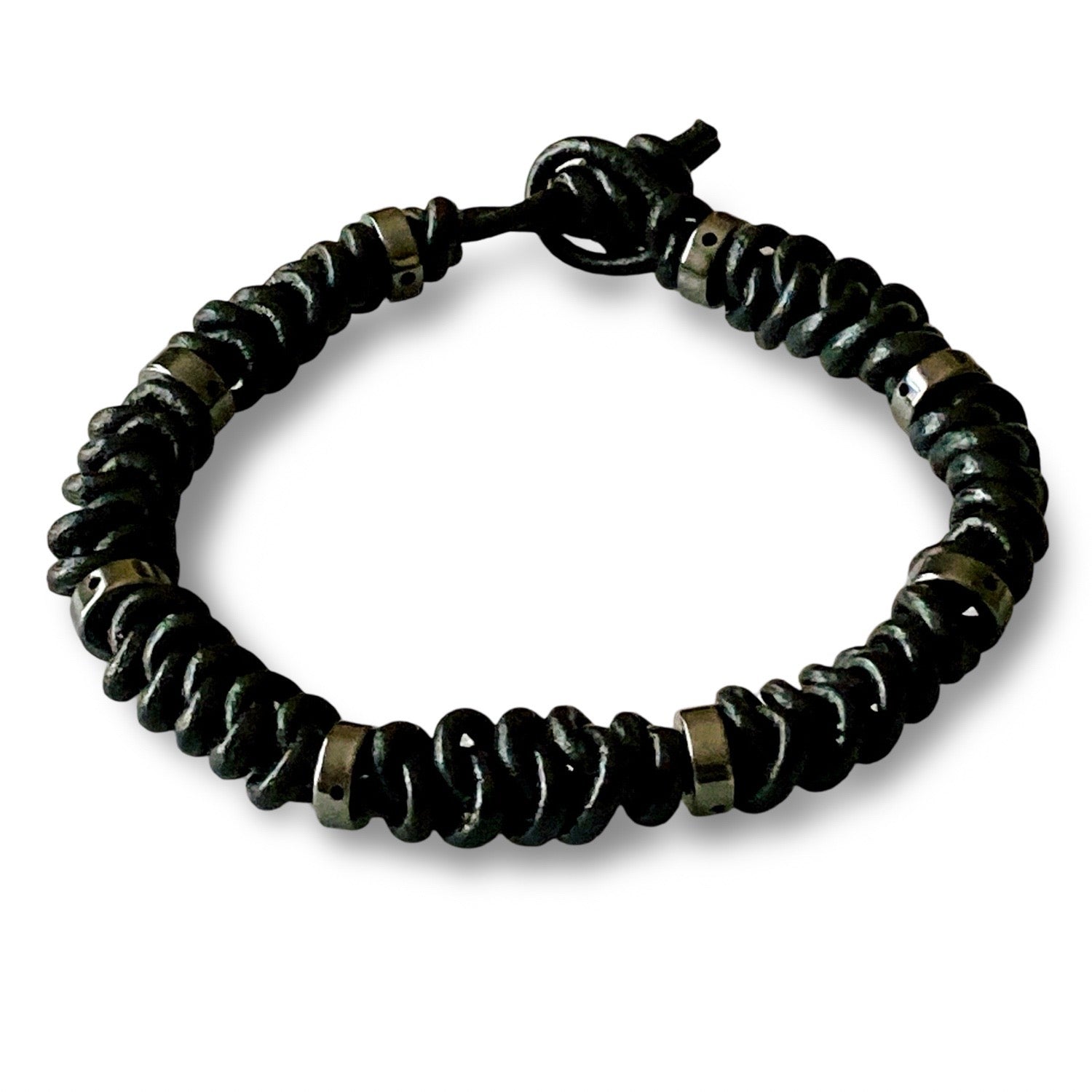 Handmade black macrame leather bracelet, by 3D Glass Designs.