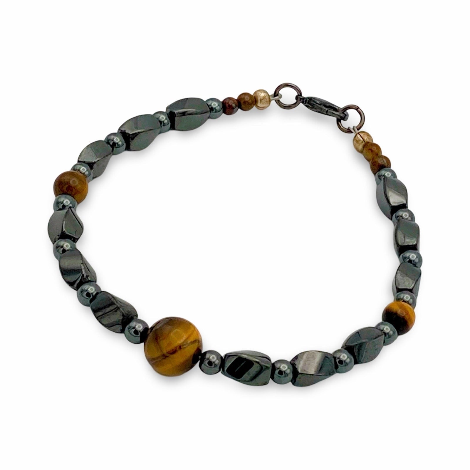 Unisex Hematite and tiger's eye beaded bracelet, by 3D Glass Designs.