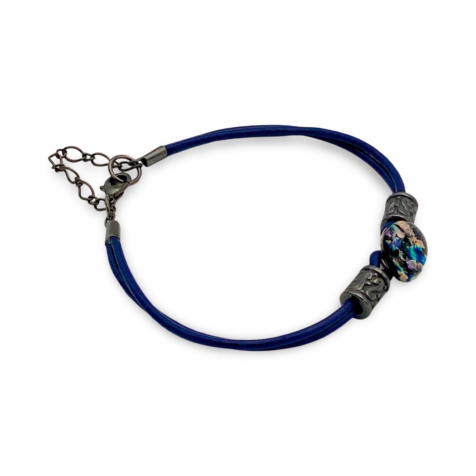 Handmade purple dichroic glass and blue leather bracelet, by 3D Glass designs.