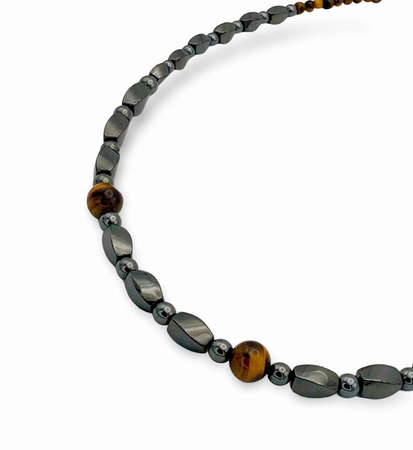 Unisex Hematite and Tiger's Eye gemstone necklace, by 3D Glass Designs.