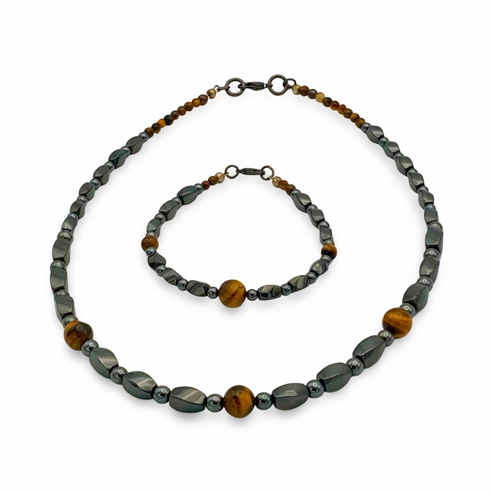 Unisex Hematite and Tiger's Eye gemstone necklace and bracelet set, by 3D Glass Designs.