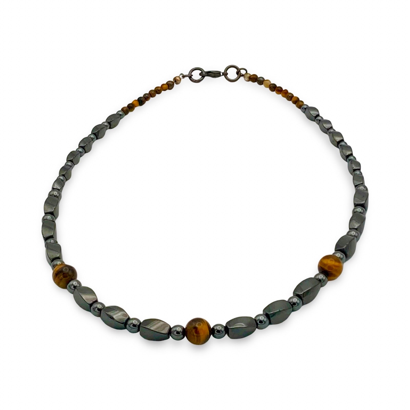 Unisex Hematite and Tiger's Eye gemstone necklace, by 3D Glass Designs.