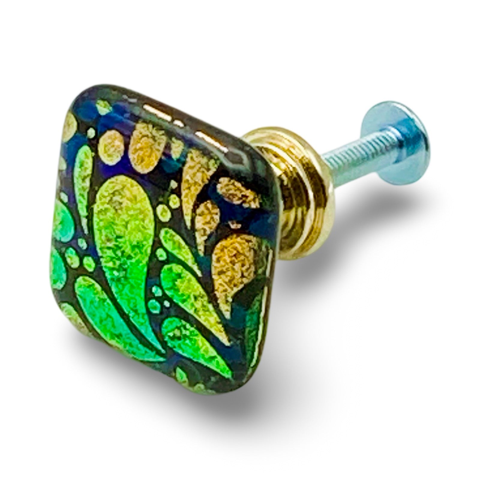 Handmade dichroic glass cabinet knob, by 3D Glass Designs.