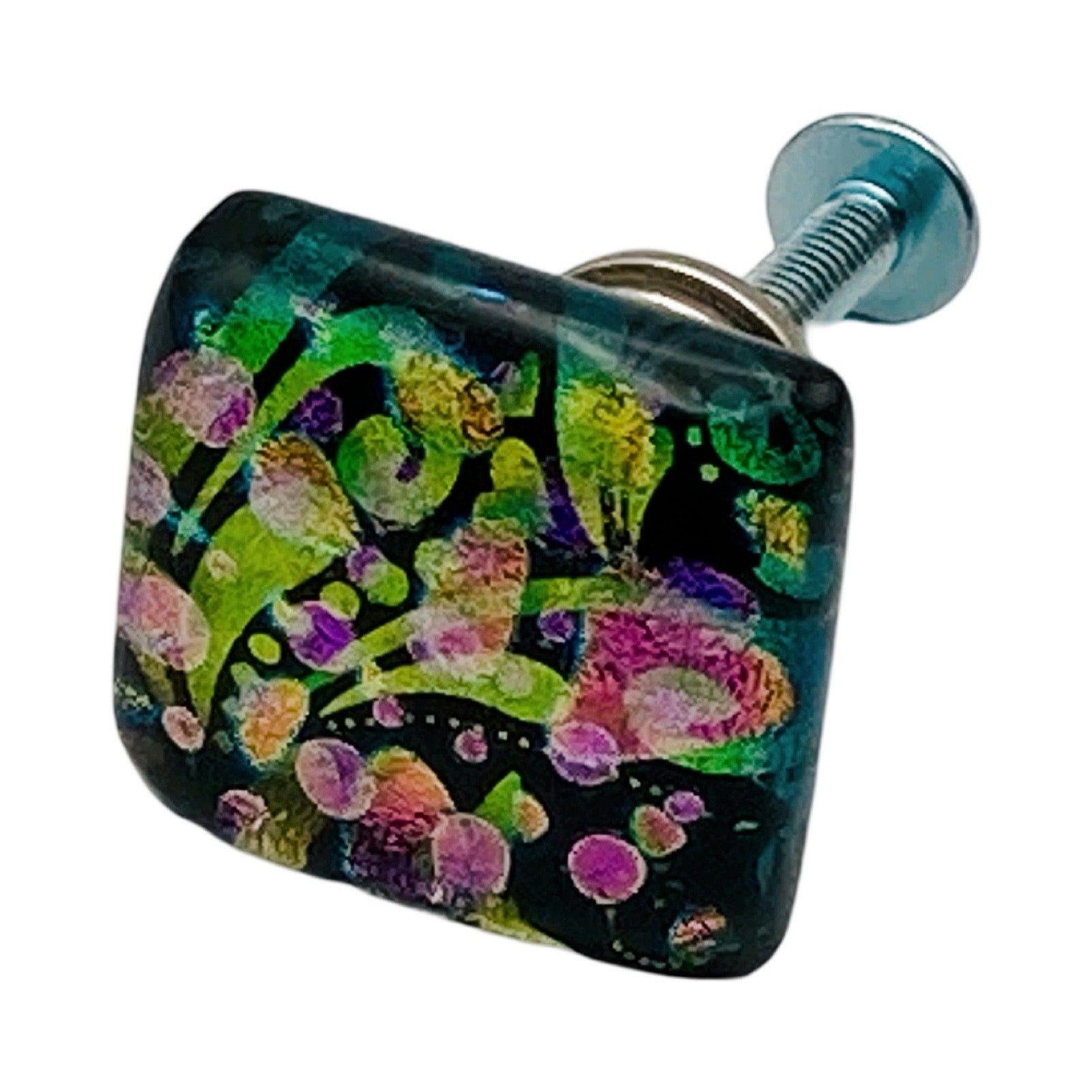 Colorful fused dichroic glass knob, by 3D Glass designs.