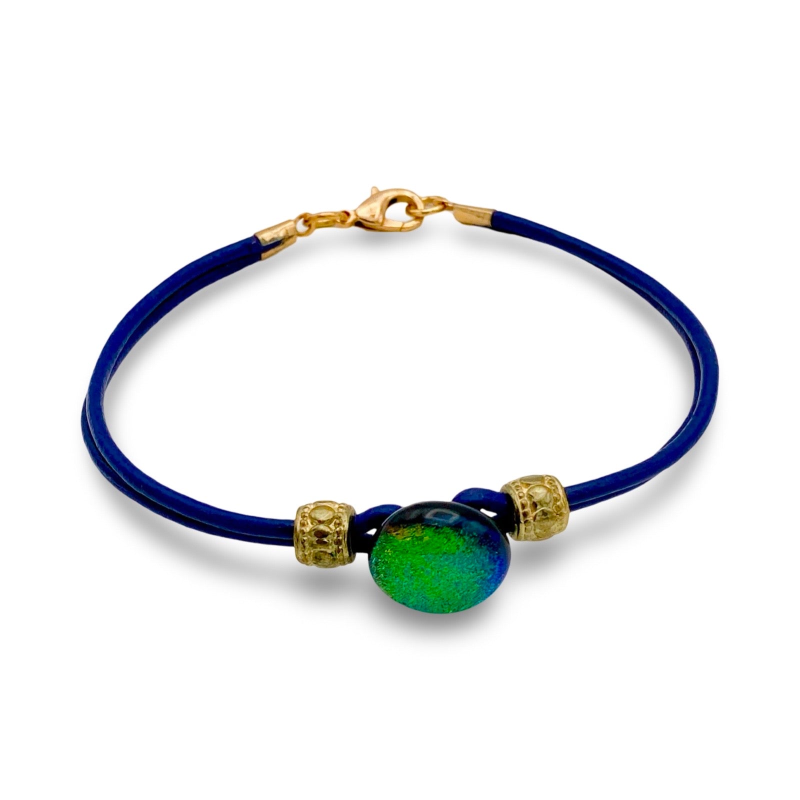 Handmade blue leather bracelet with green dichroic glass, by 3D Glass Designs.