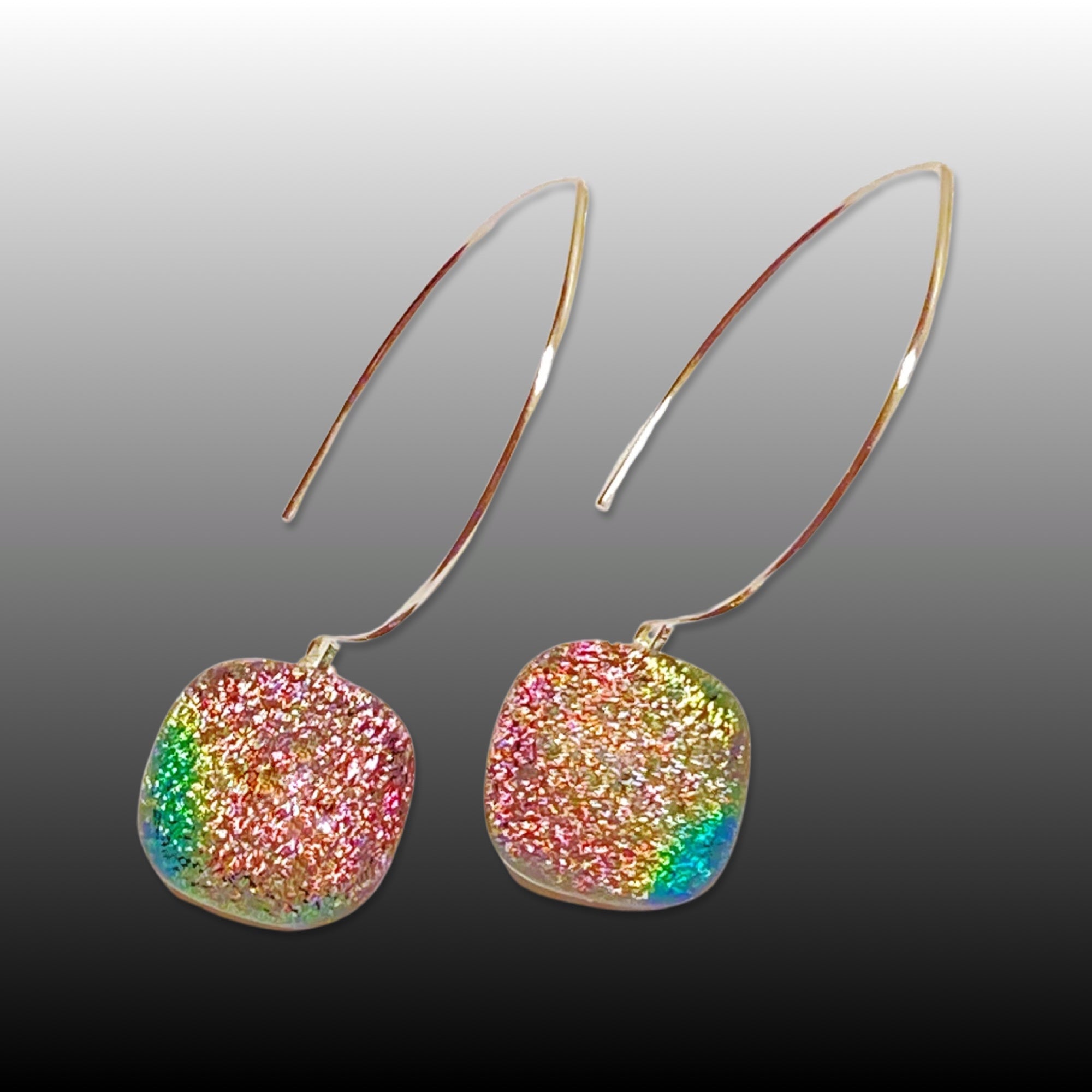 Pink Green Dichroic Glass Drop Earrings | Pierced Dangle Earrings | Handmade