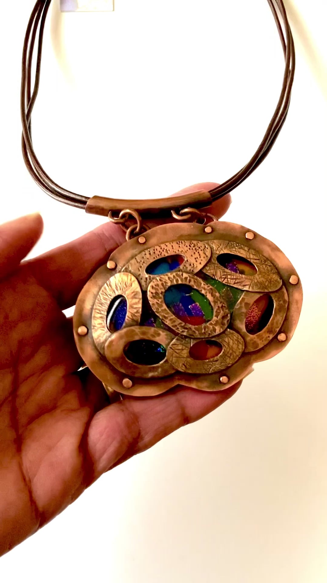 Video of Handcrafted oval copper and dichroic glass pendant necklace by 3D Glass Designs.