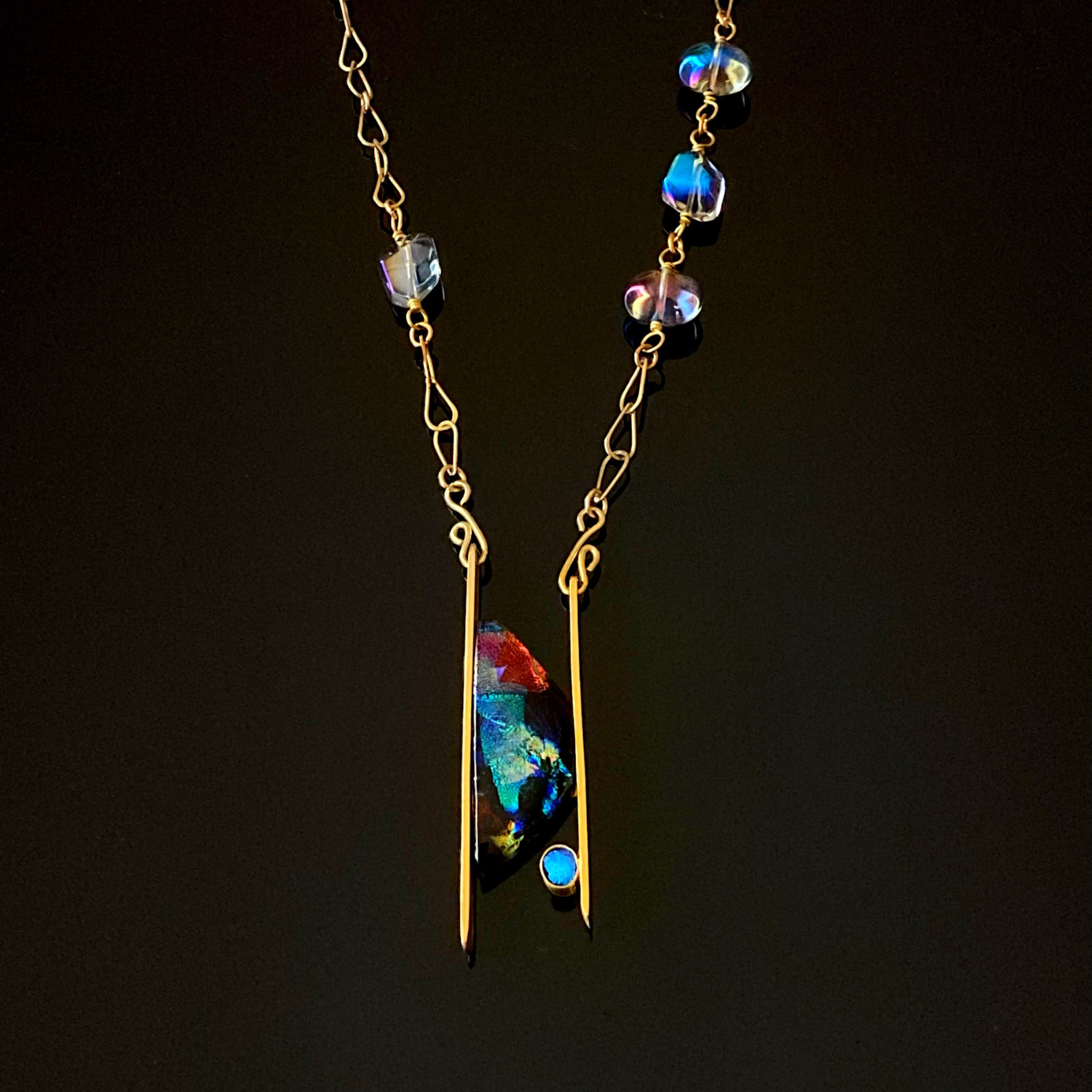 Contemporary Dichroic Glass and Brass Pendant Necklace | Handcrafted Asymmetrical Beaded Necklace