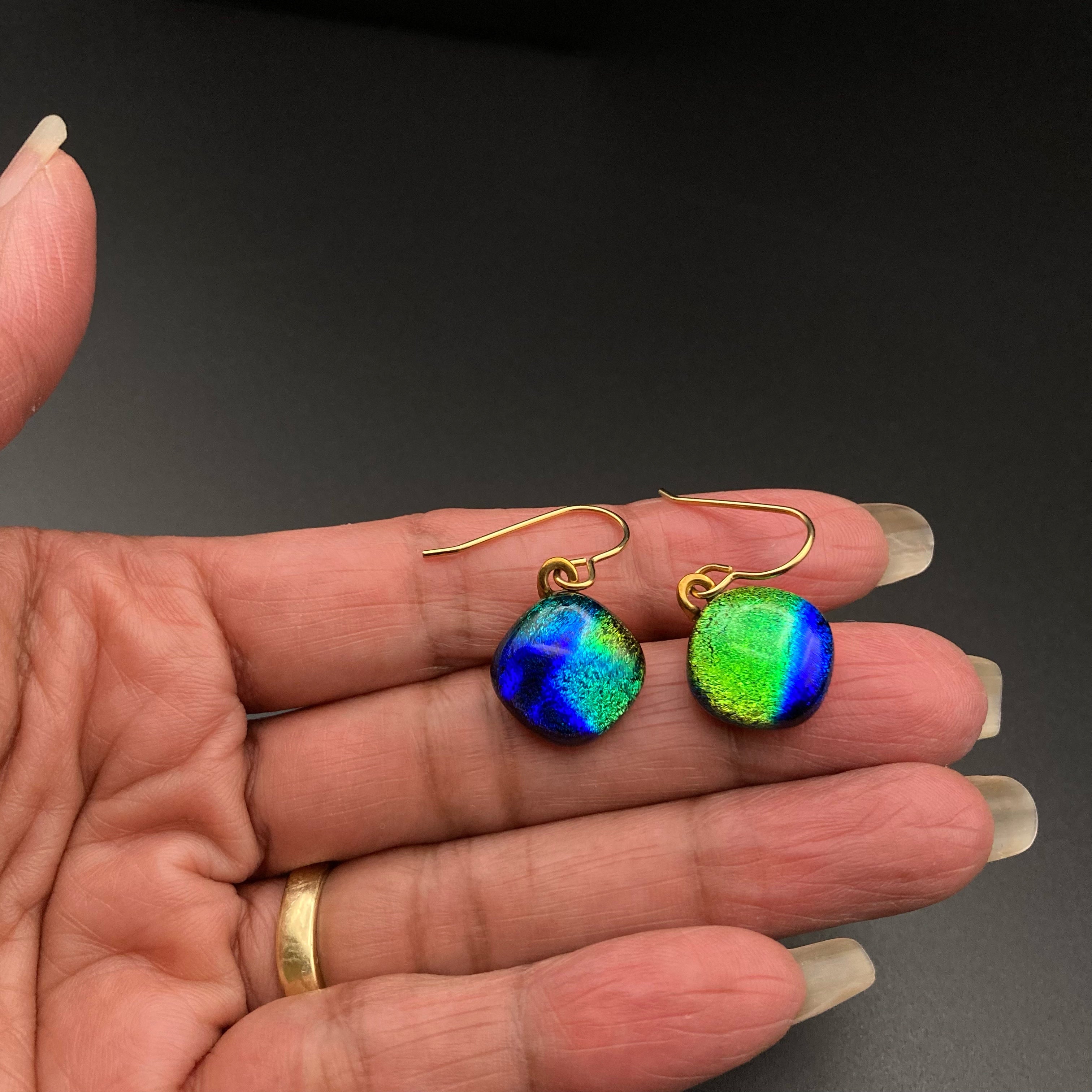 Cobalt-Teal Dichroic  Glass Dangle Earrings