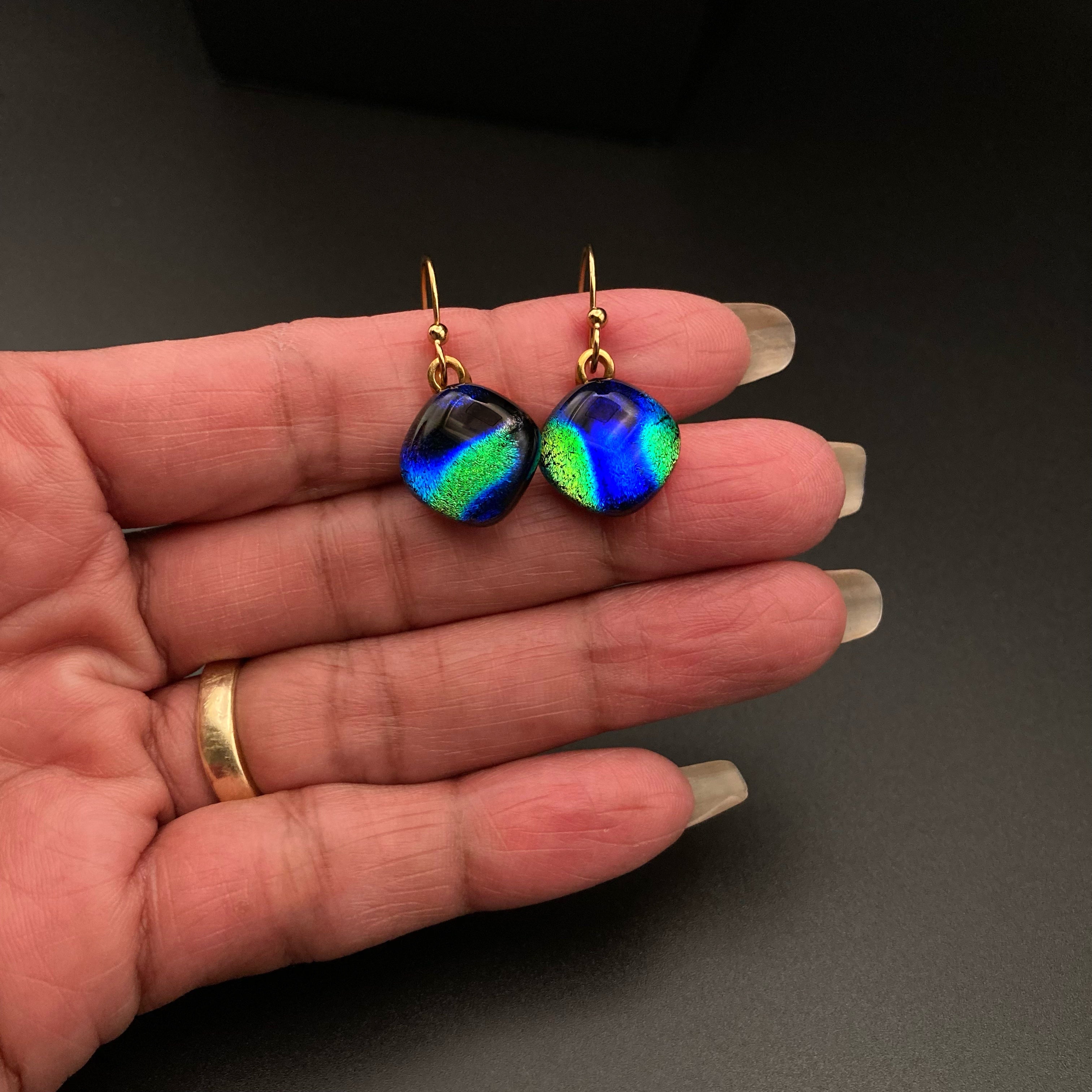 Teal-Cobalt Fused Glass Dangle Earrings