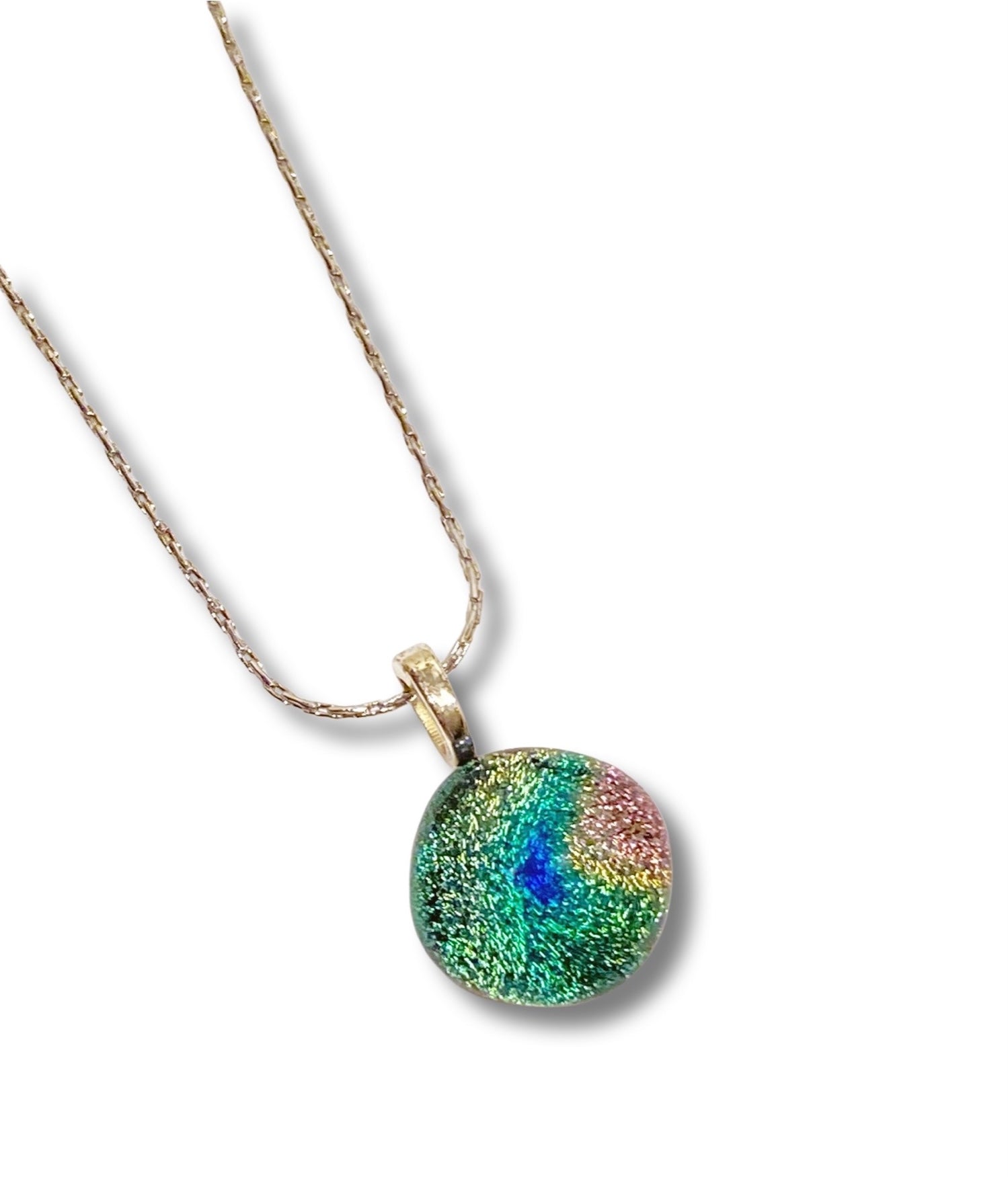 Small Round Teal Green Mauve Dichroic Glass Pendant
