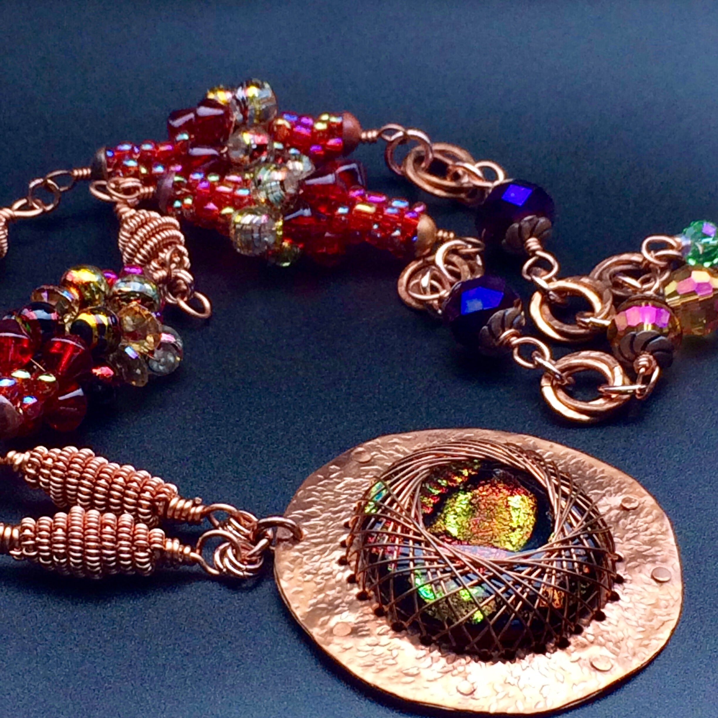 Long copper and dichroic glass pendant necklace with handmade bead clusters, by 3D Glass Designs.