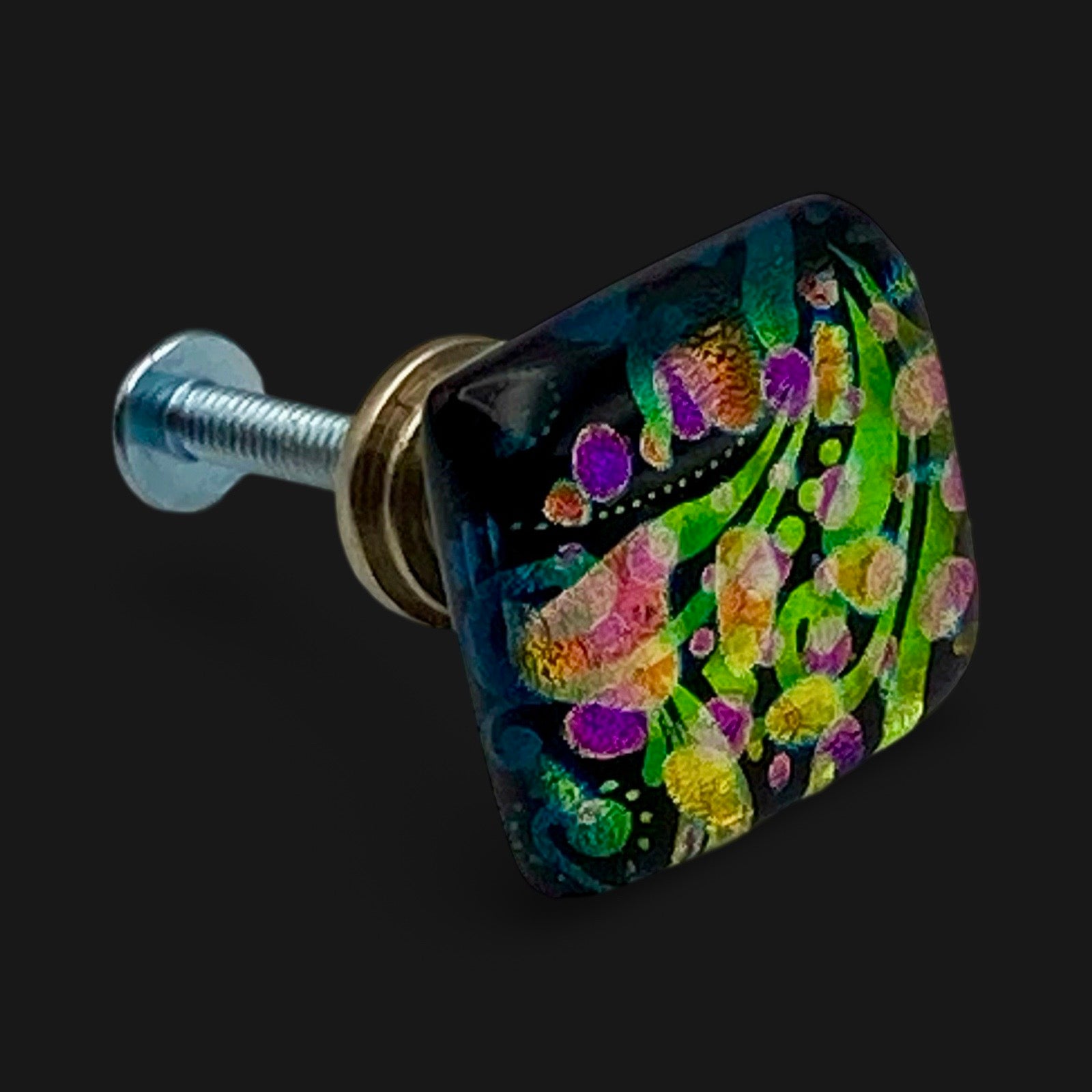 Colorful fused dichroic glass knob, by 3D Glass designs.