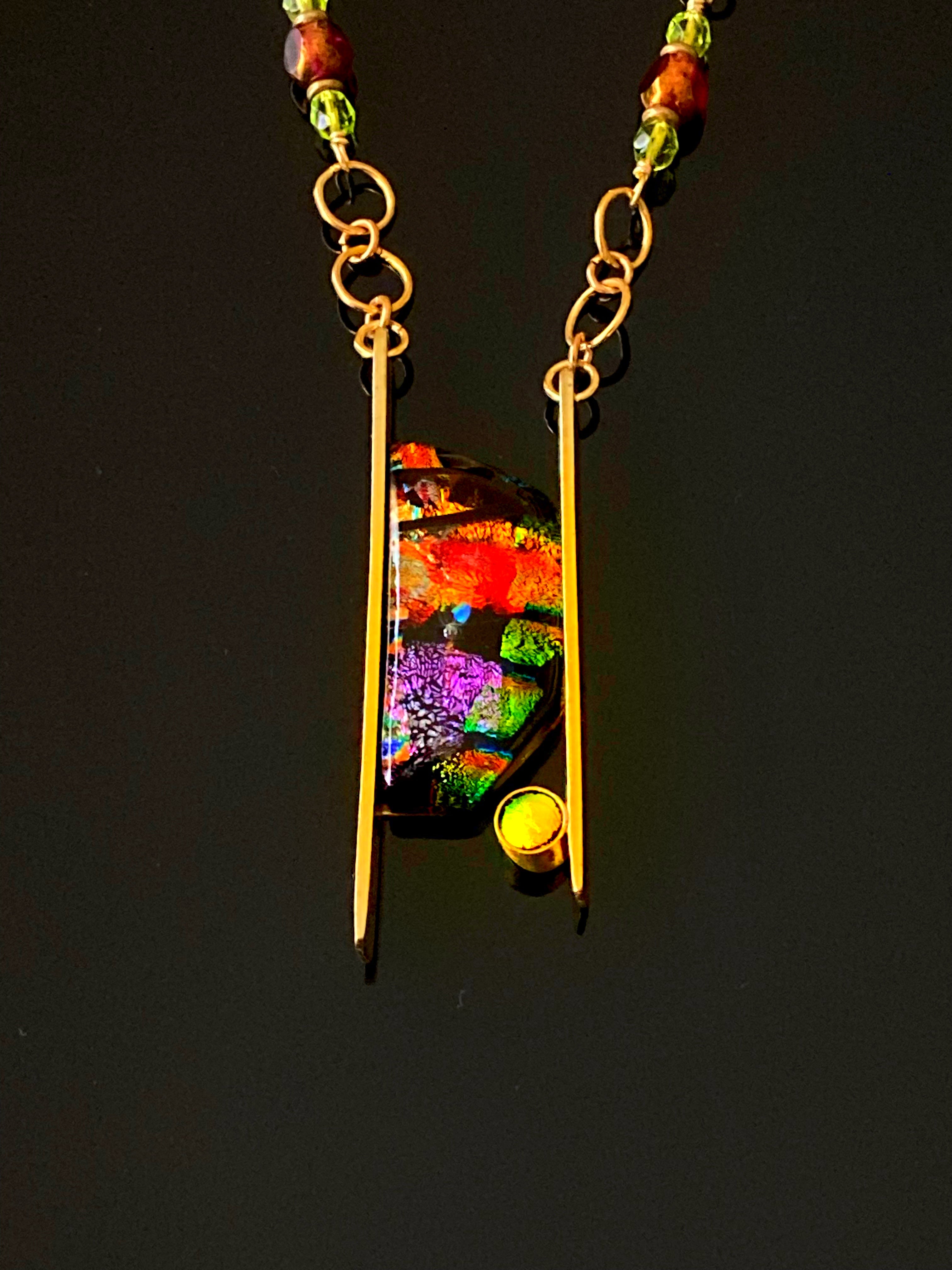 Brass pendant with colorful dichroic glass and beaded brass chain, by 3D Glass Designs.