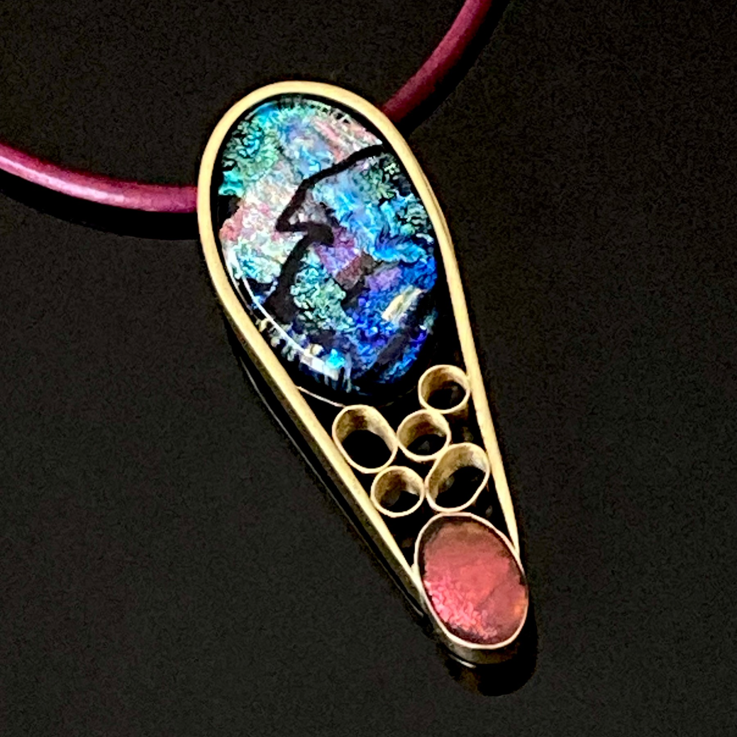 Contemporary dichroic glass and bass pendant, handmade by 3D Glass Designs.