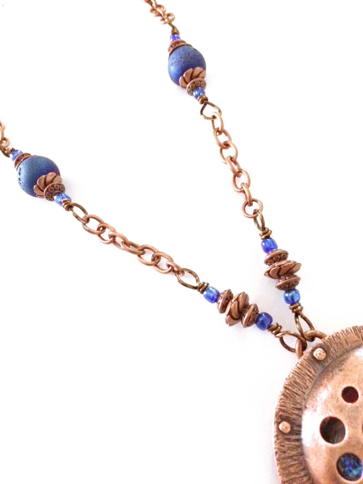 Detailed view of beaded copper chain with blue druzy agate beads, by 3D Glass Designs.