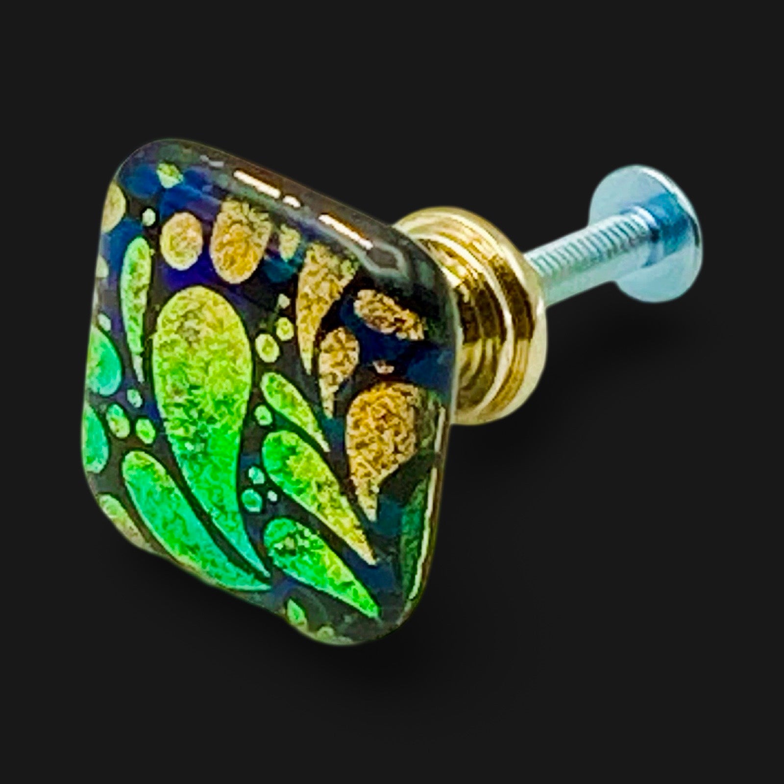 Handmade dichroic glass cabinet knob, by 3D Glass Designs.