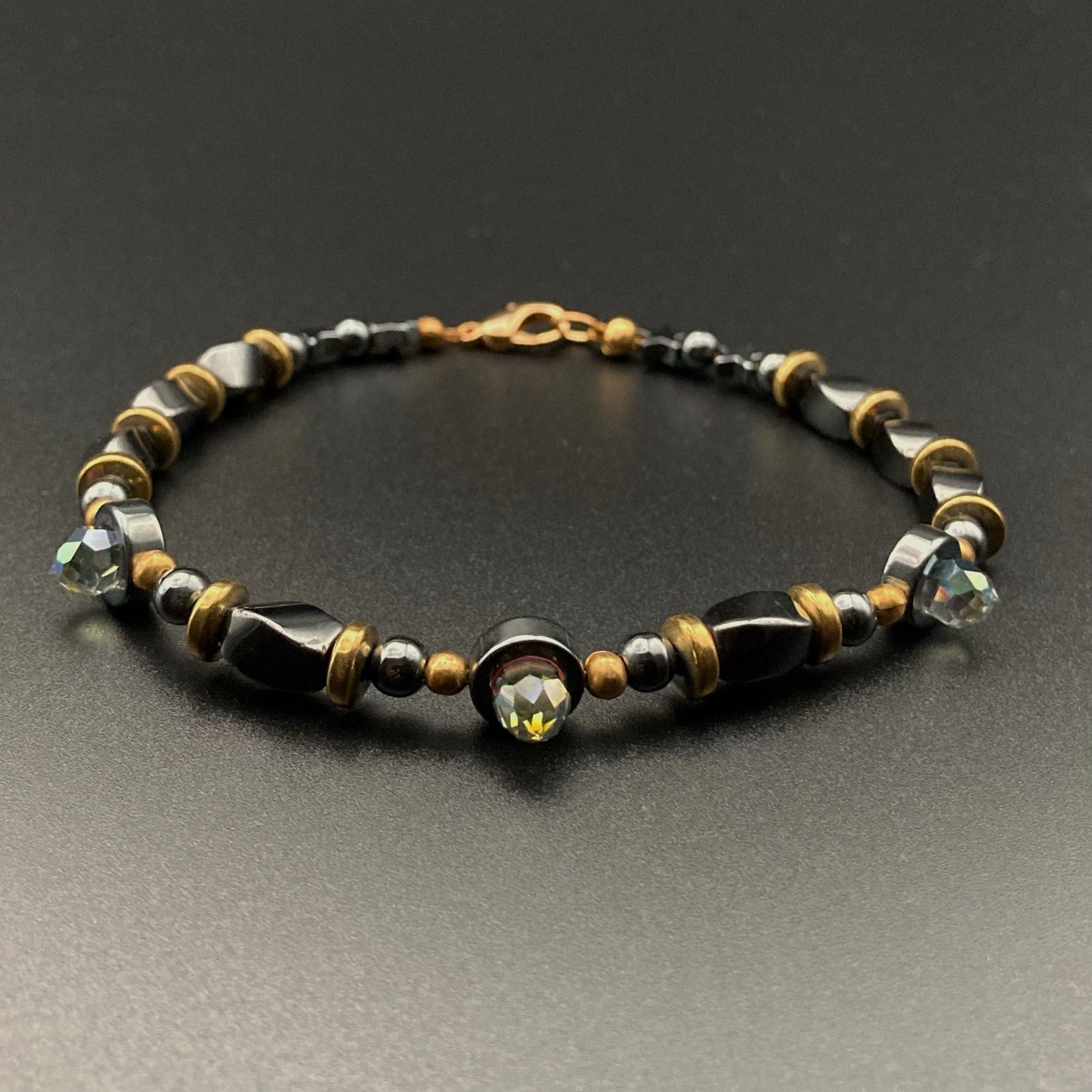 Grey and gold hematite bracelet with crystal beads, by 3D Glass Designs.