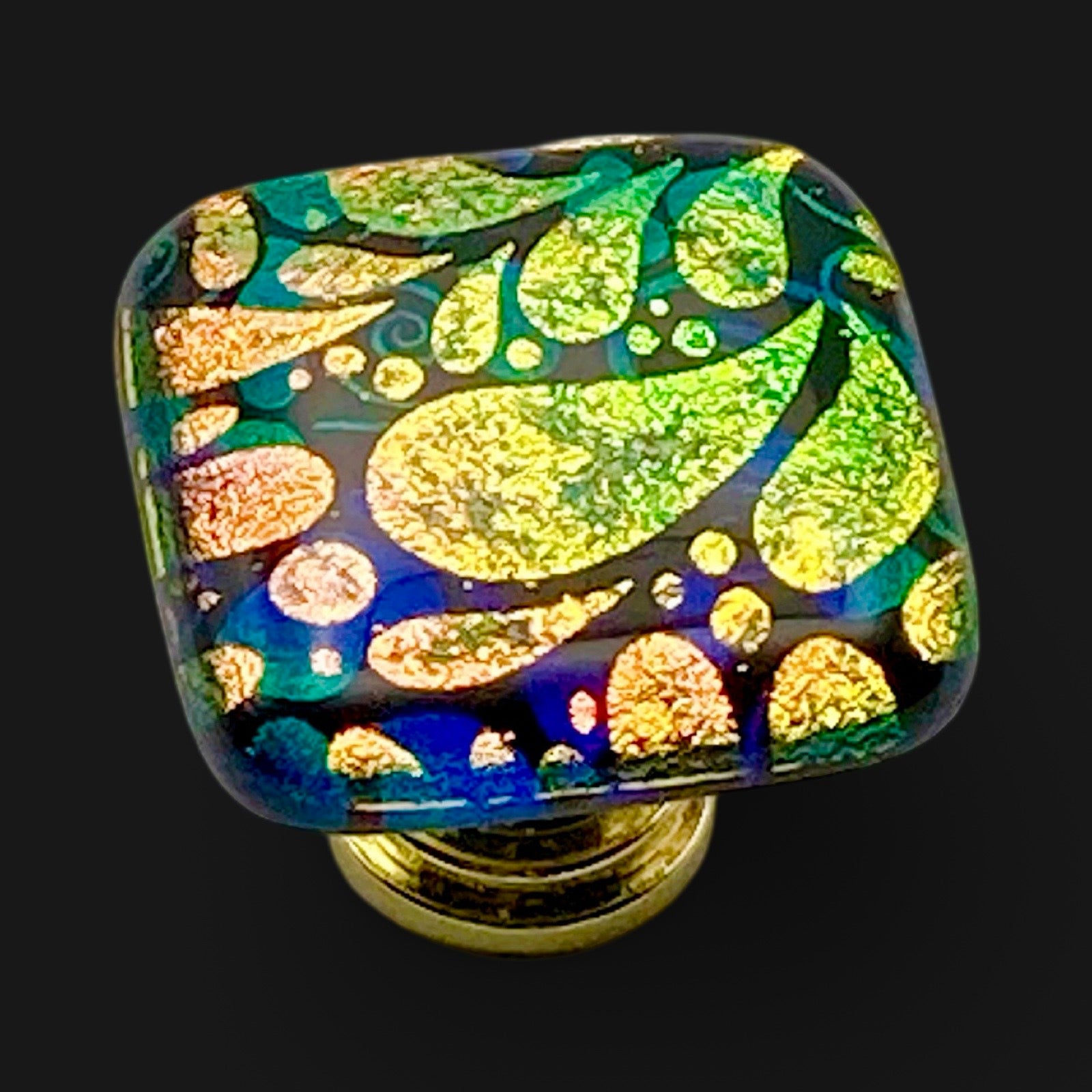 Handmade dichroic glass cabinet knob, by 3D Glass Designs.
