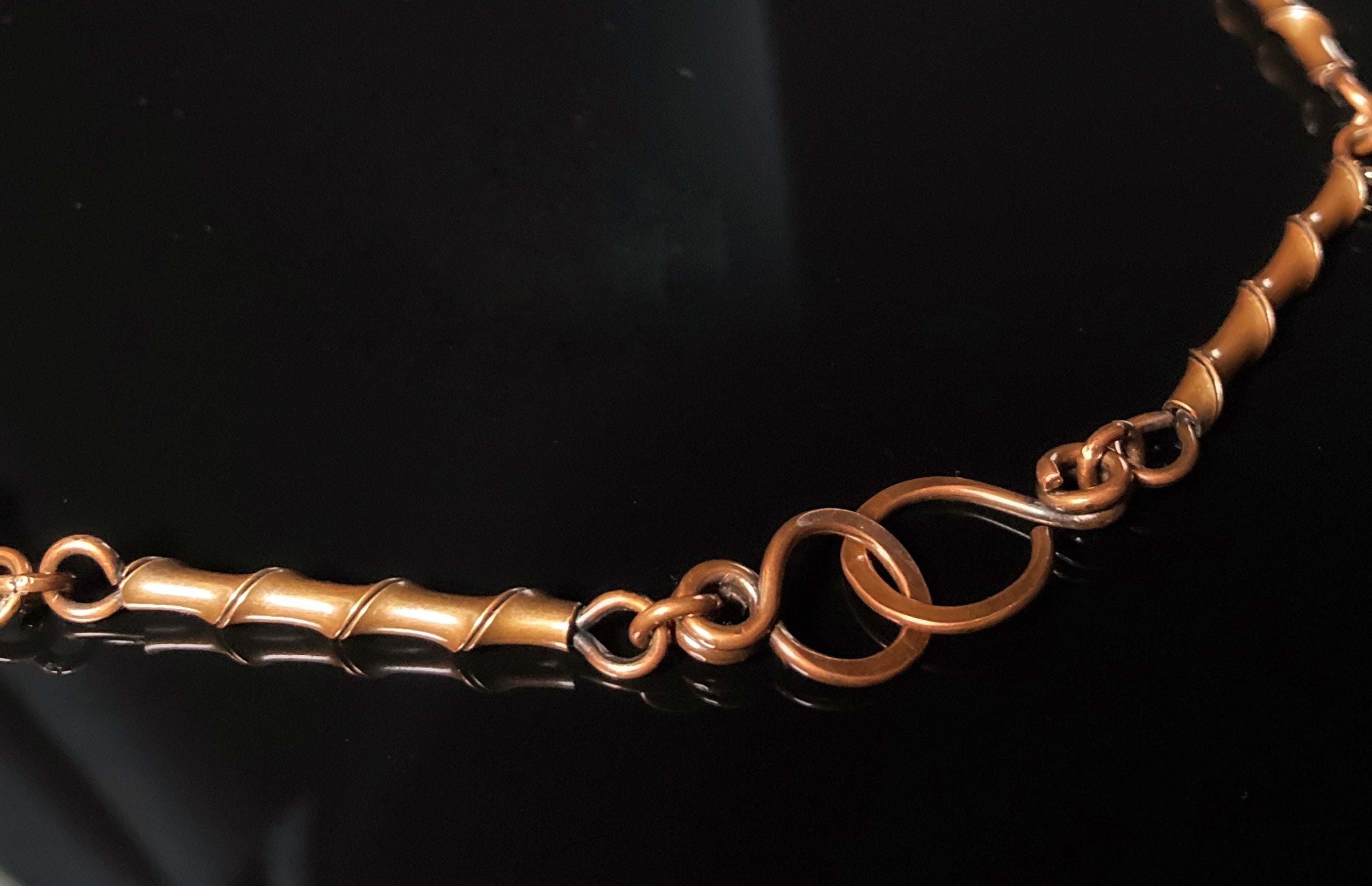 Details of handmade copper clasp and copper necklace by 3D Glass Designs.