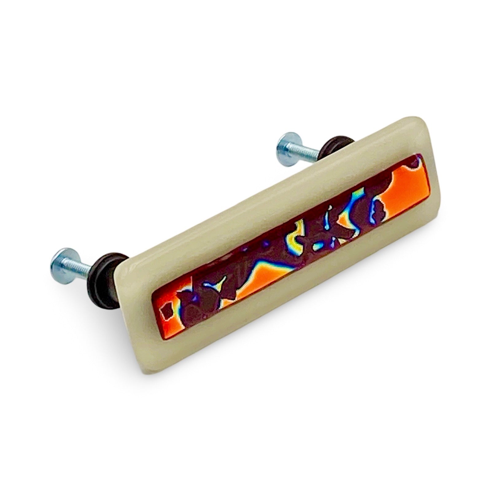 4" long Cream and red dichroic glass cabinet door handle, by 3D Glass Designs.