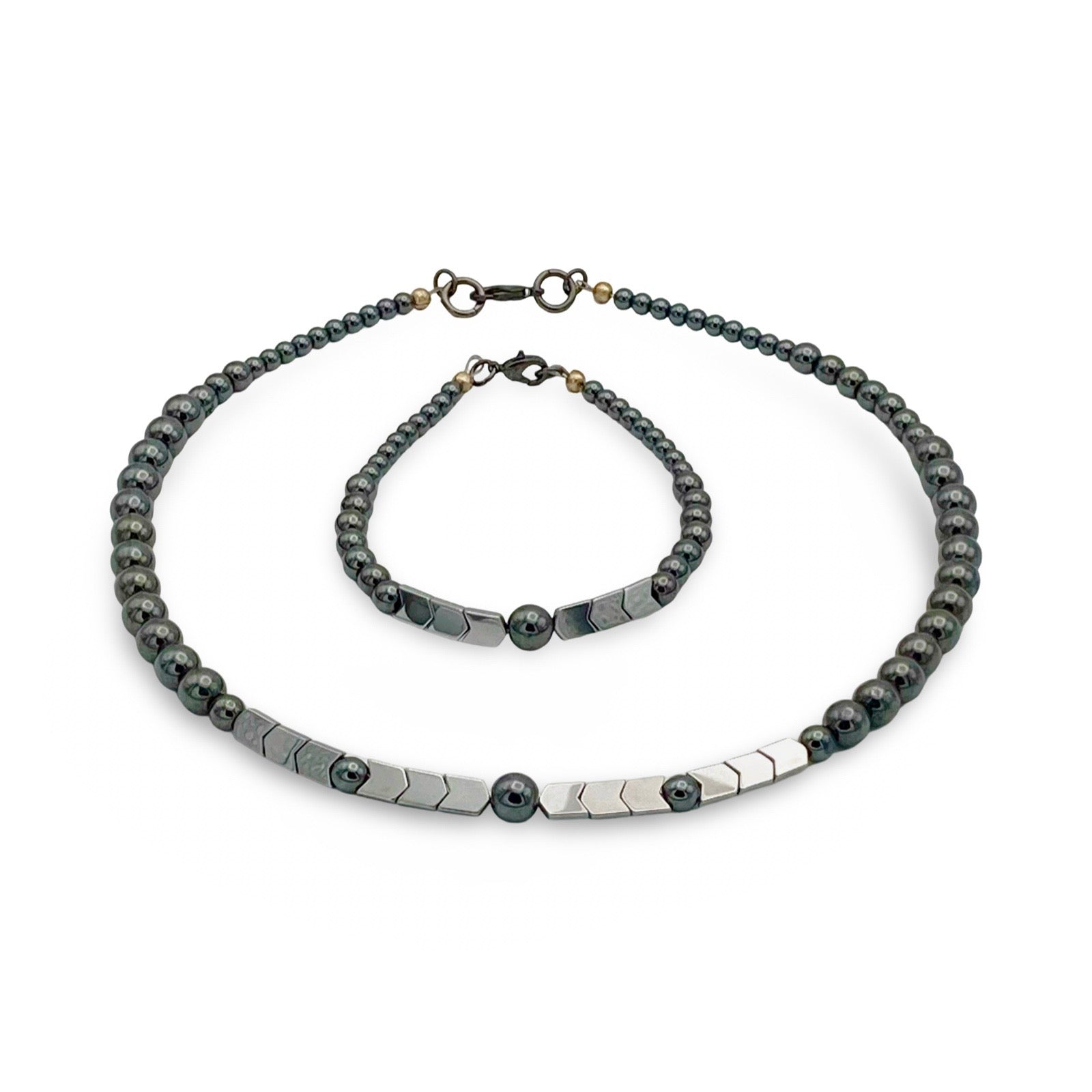 Unisex beaded hematite necklace and bracelet set, by 3D Glass Designs.