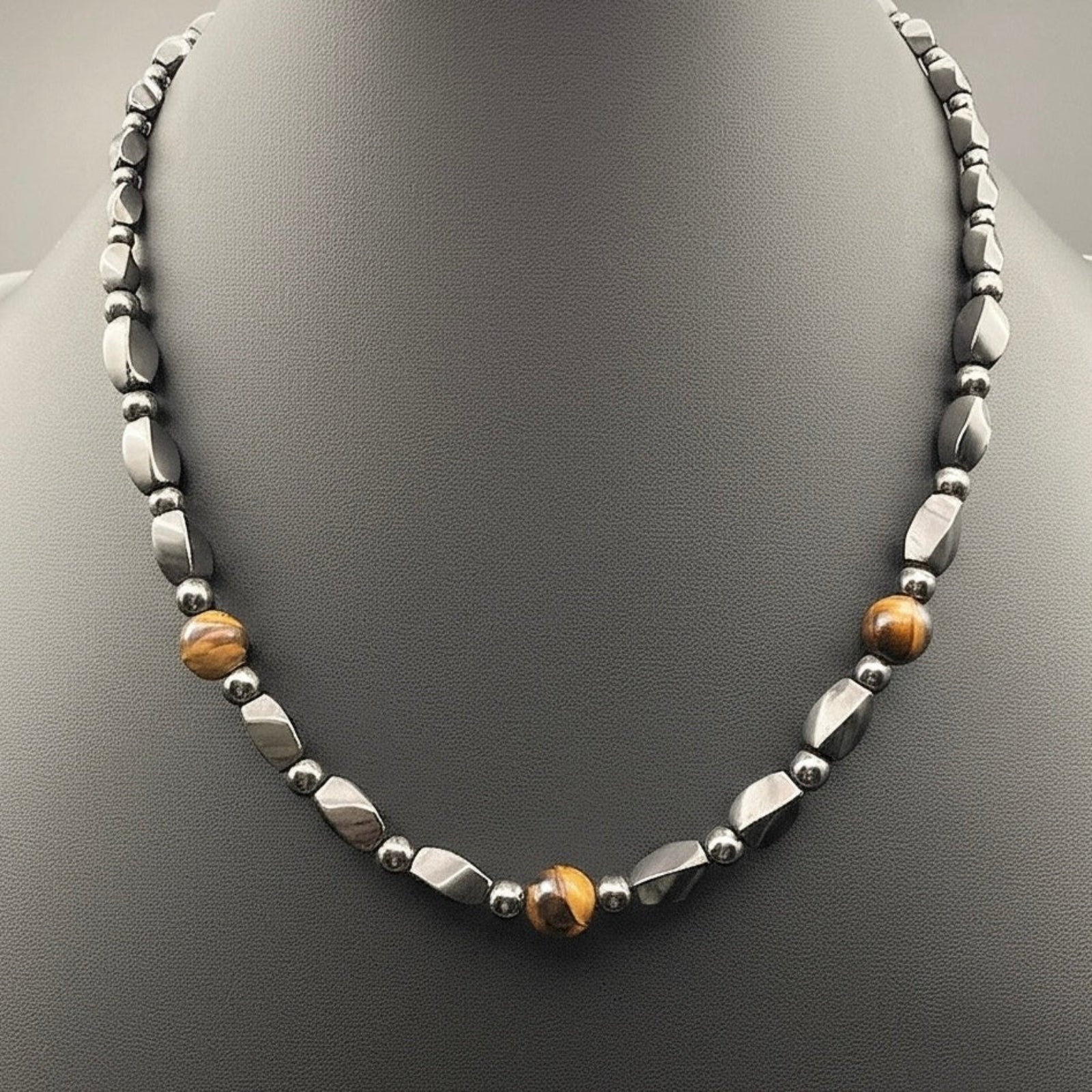 Grey and tan beaded necklace, by 3D Glass Designs.