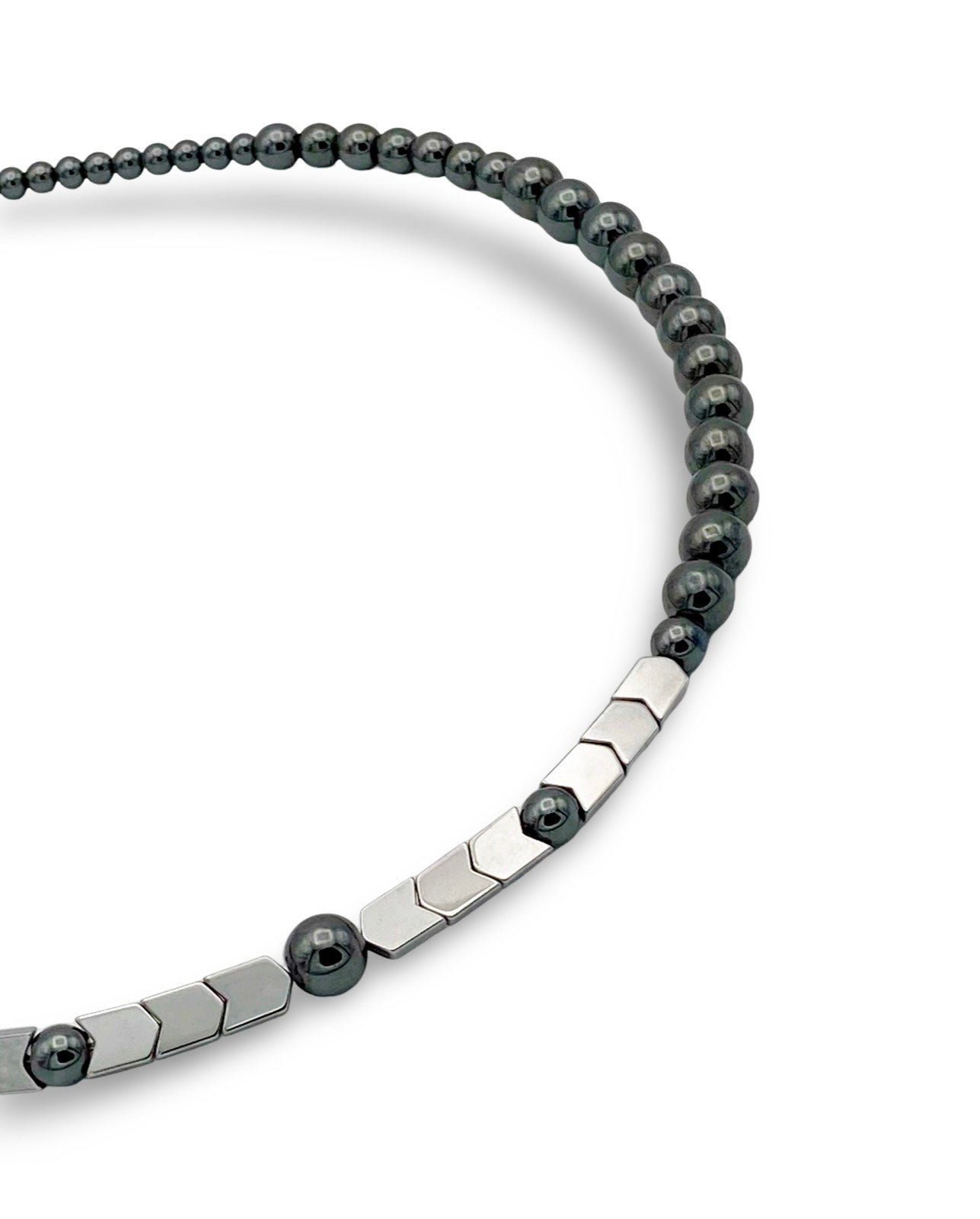 Detailed view of Unisex beaded hematite necklace, by 3D Glass Designs.