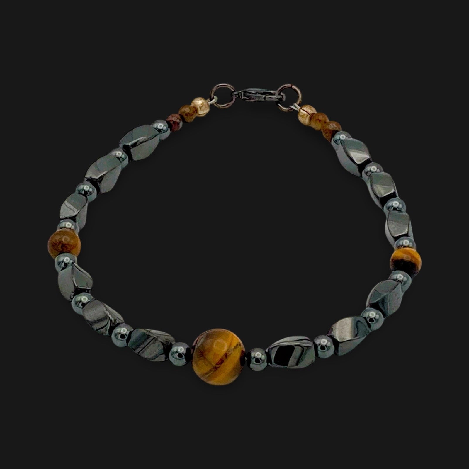 Unisex Hematite and tiger's eye beaded bracelet, by 3D Glass Designs. 